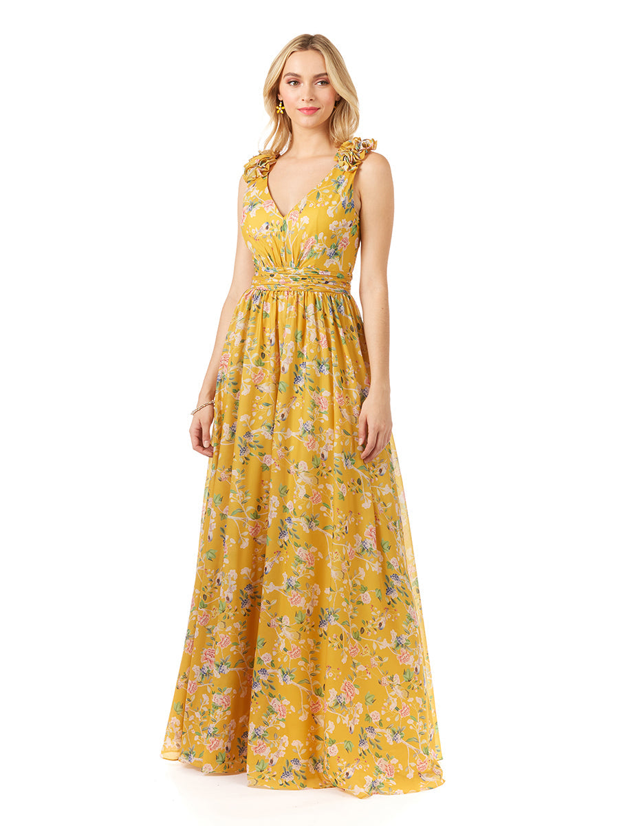 V-Neck Long Print Gown with Straps 29275