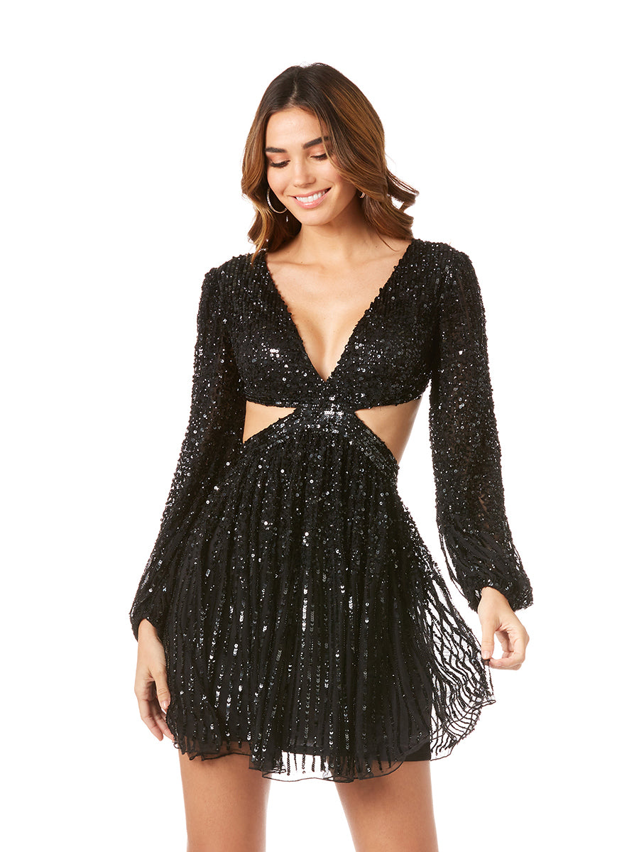 Long Sleeve Cut Out Dress with Lace Up Back 29288