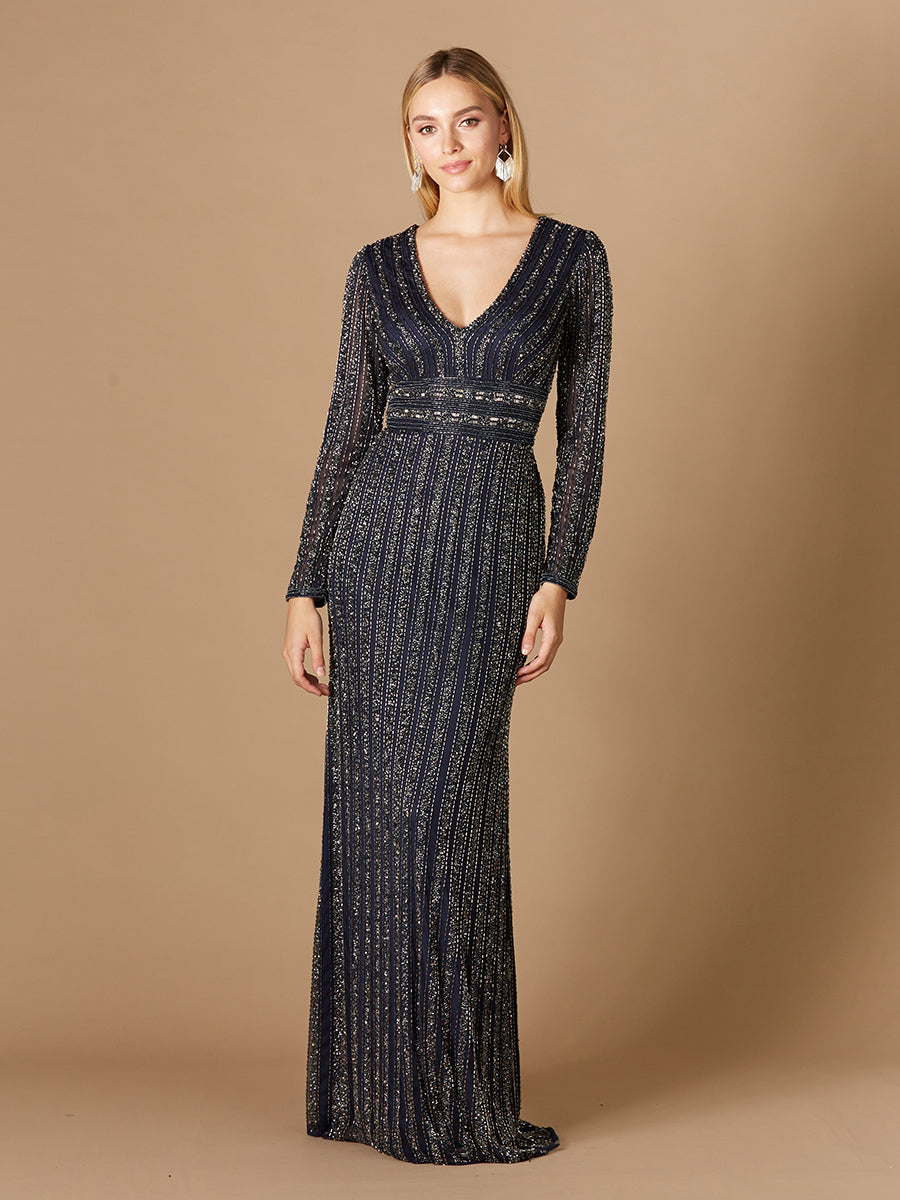 Long Sleeve Beaded Gown 29343
