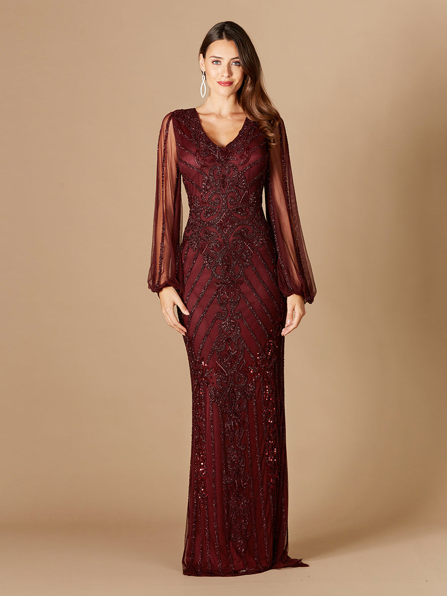 Long Flutter Sleeves Beaded Dress 29369