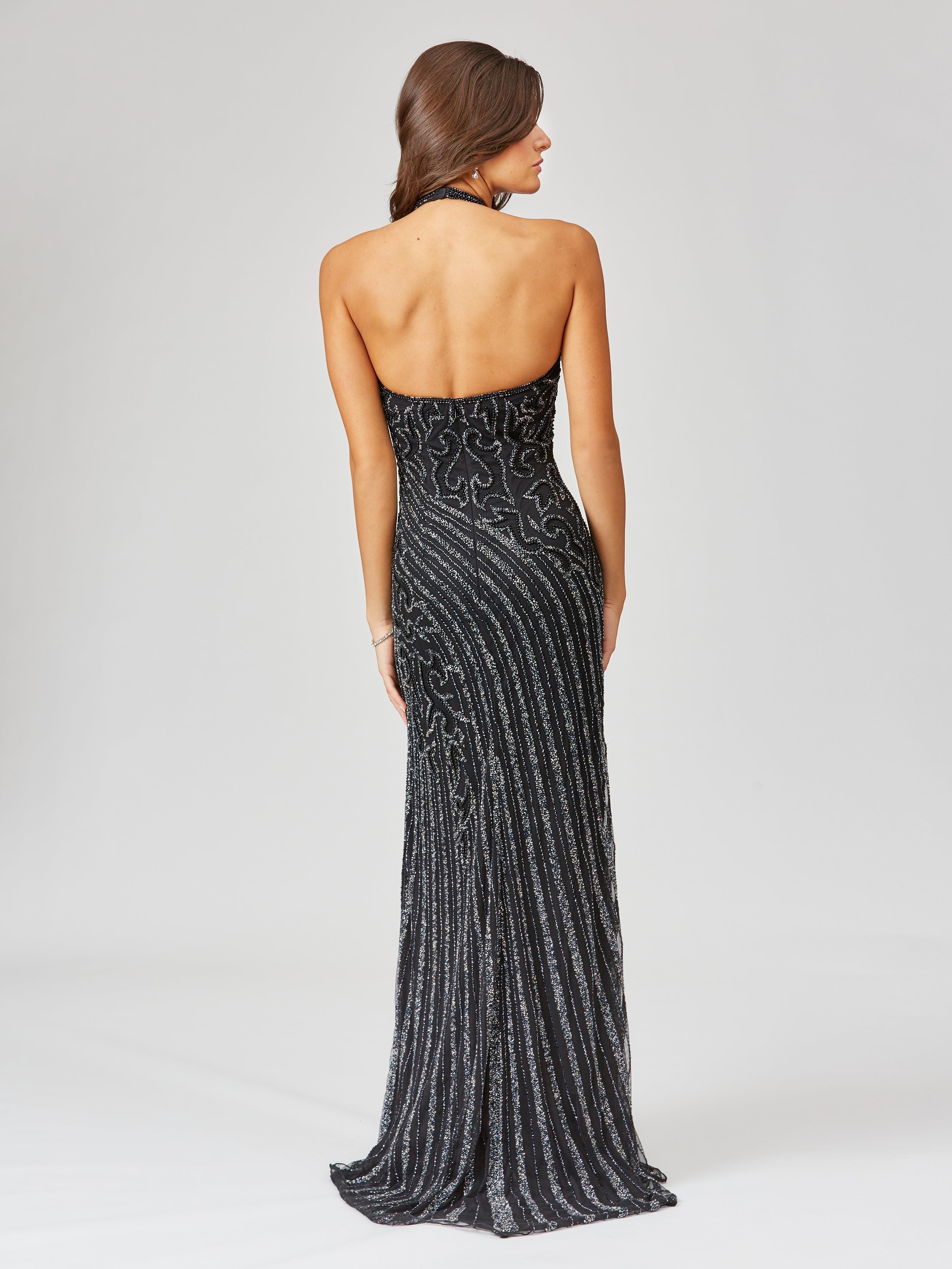 Giselle Beaded Halter Gown with Slit 29371