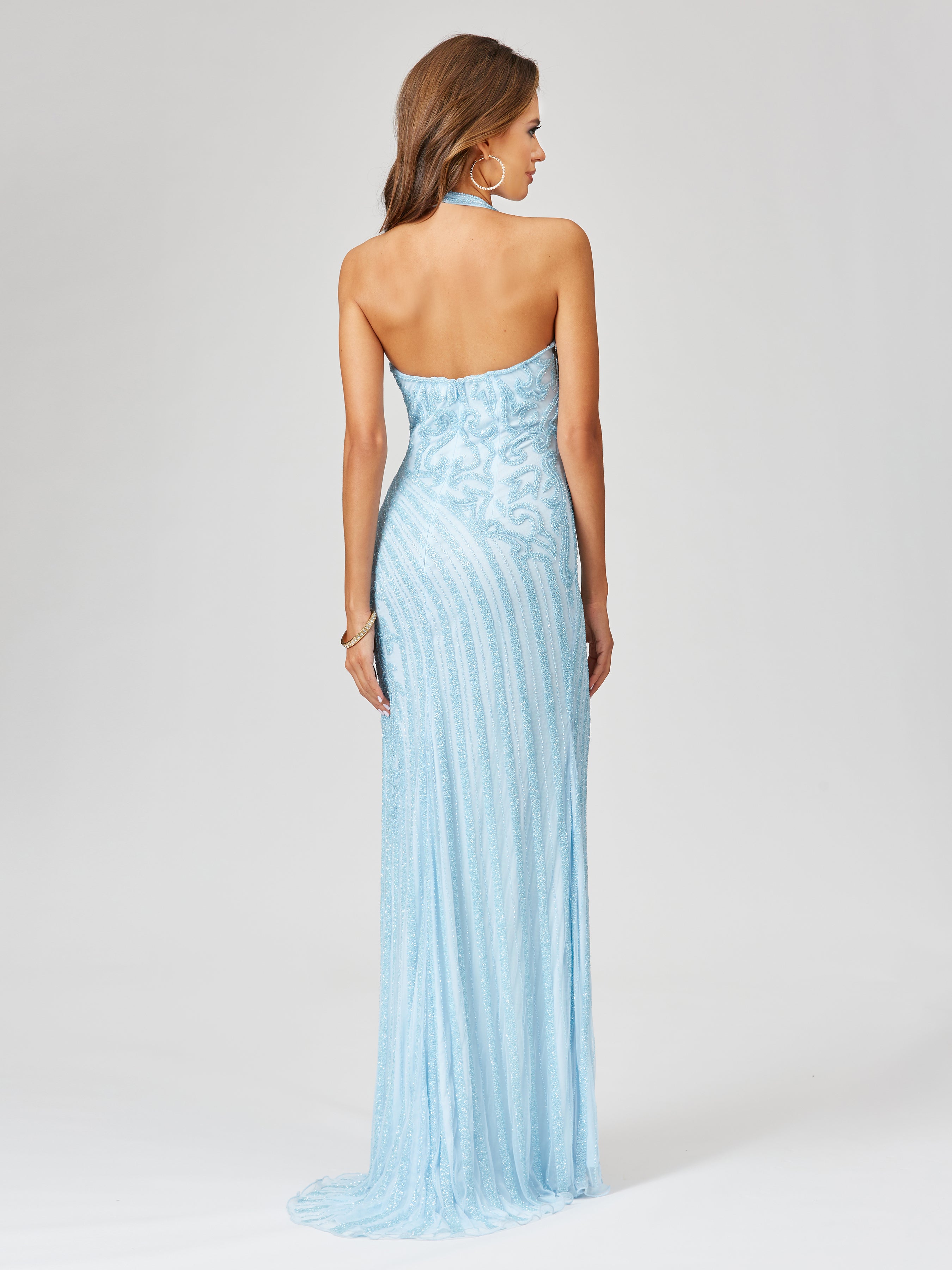 Giselle Beaded Halter Gown with Slit 29371