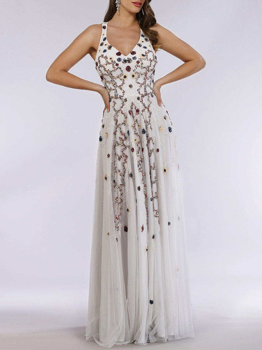 Lara 29544 - Beaded Dress with Open Cross Back and Flowy Skirt White/Multi / 6 Lara 29544 - Beaded Dress with Open Cross Back and Flowy Skirt White/Multi / 6