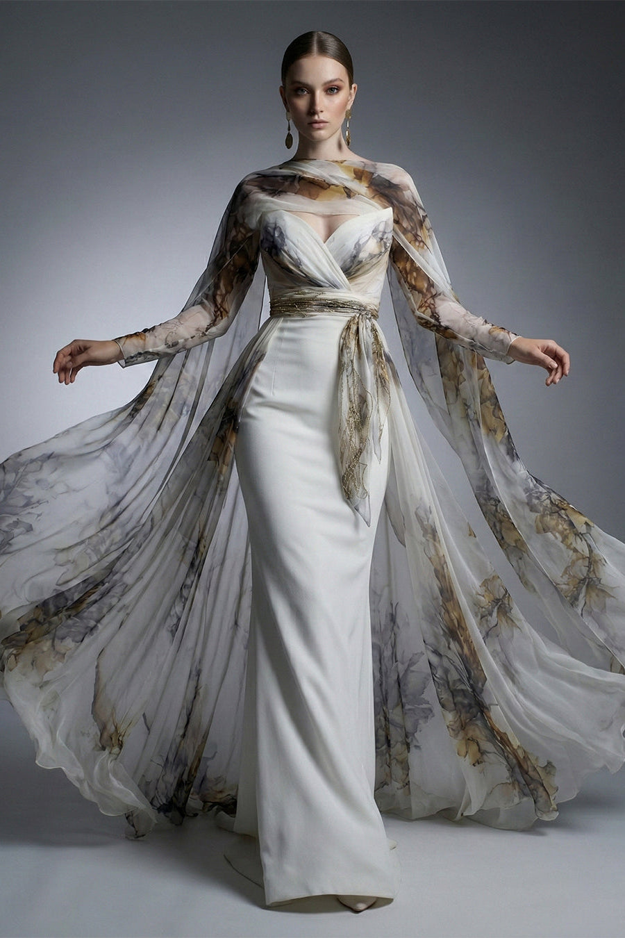 Fouad Sarkis F02956 Printed Chiffon Cape Sleeve Gown