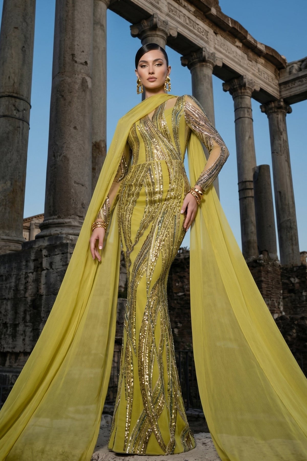 Fouad Sarkis F02959 Chartreuse Modern Elegant Gown