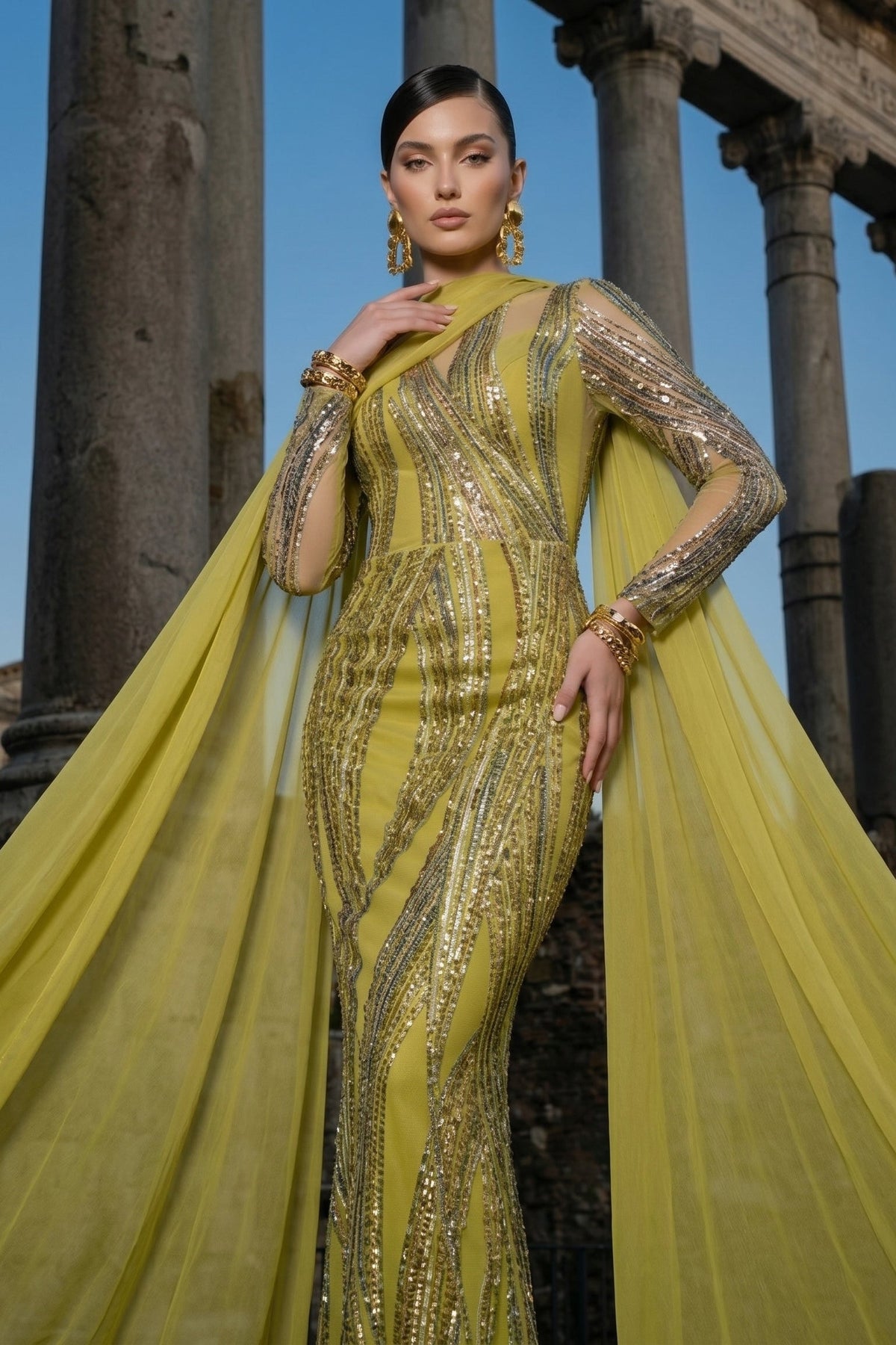 Fouad Sarkis F02959 Chartreuse Modern Elegant Gown
