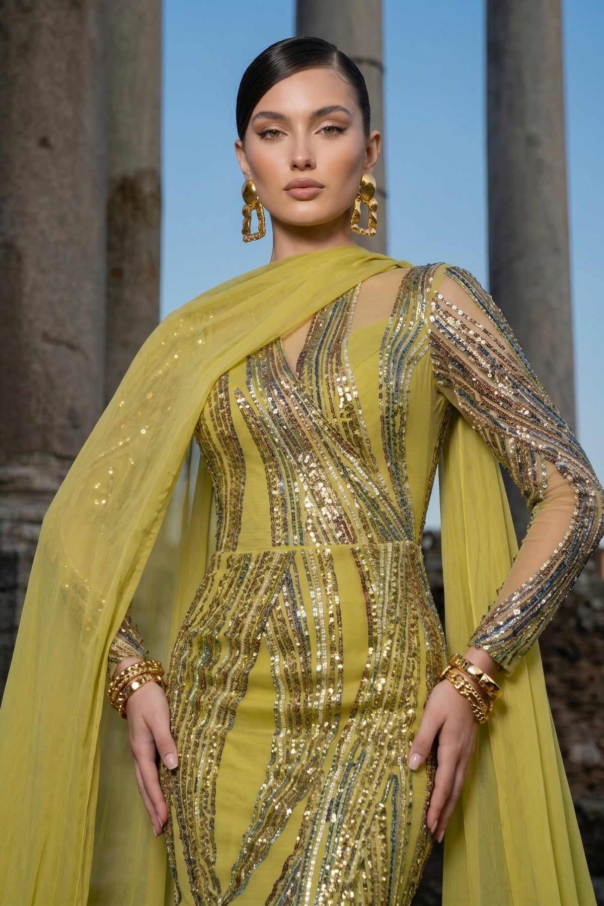 Fouad Sarkis F02959 Chartreuse Modern Elegant Gown