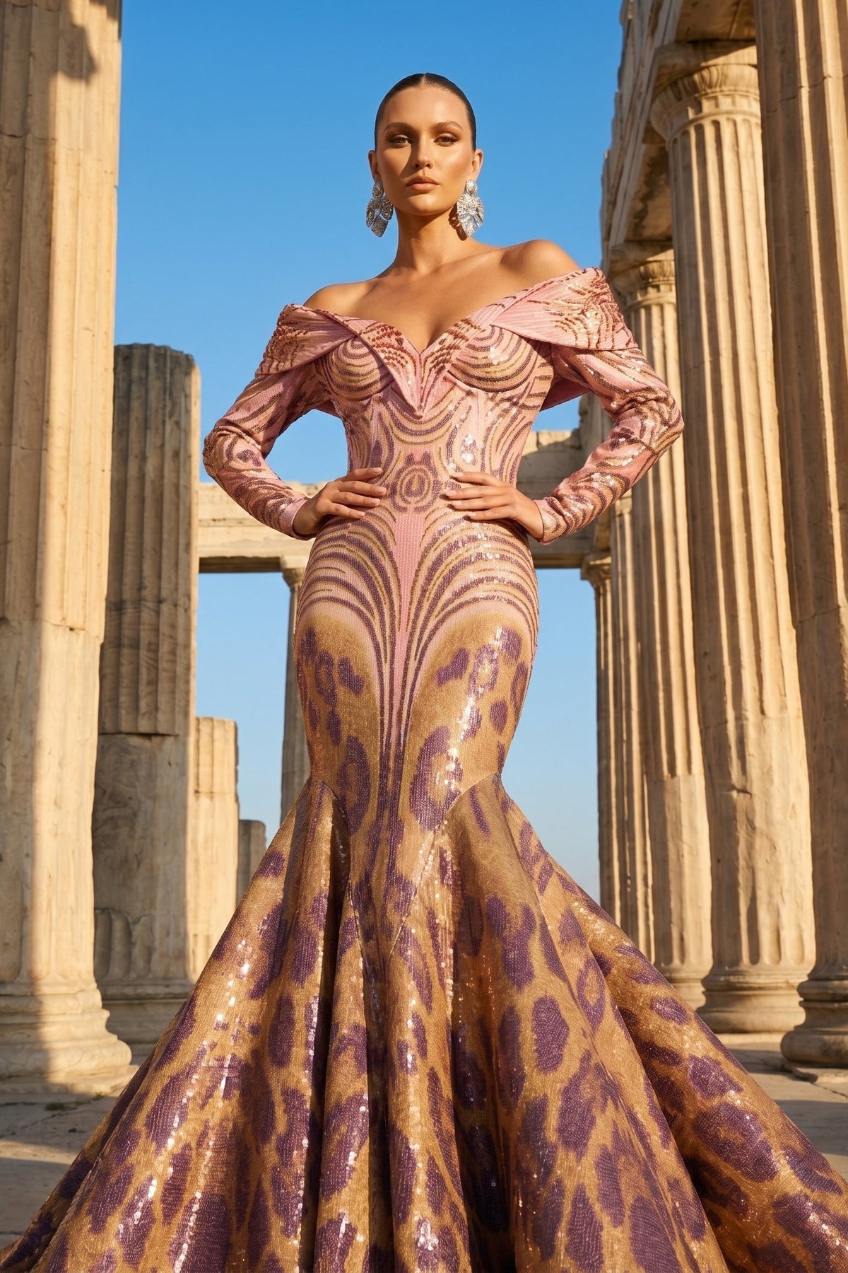 Fouad Sarkis F02973 Pink Gold Leopard Sequin Mermaid Gown with Off-Shoulder Sweetheart Neckline
