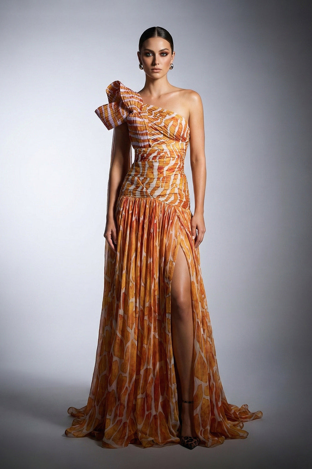 Fouad Sarkis F02974 One-Shoulder Printed Maxi Cape Dress