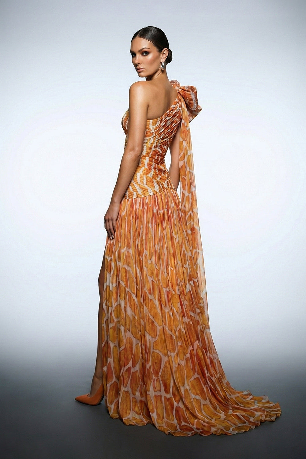 Fouad Sarkis F02974 One-Shoulder Printed Maxi Cape Dress