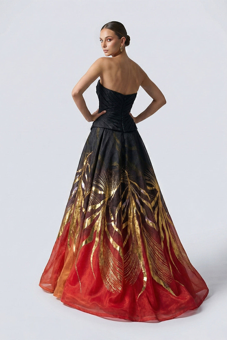 Fouad Sarkis F02975 Red-Black Gradient Organza Gown