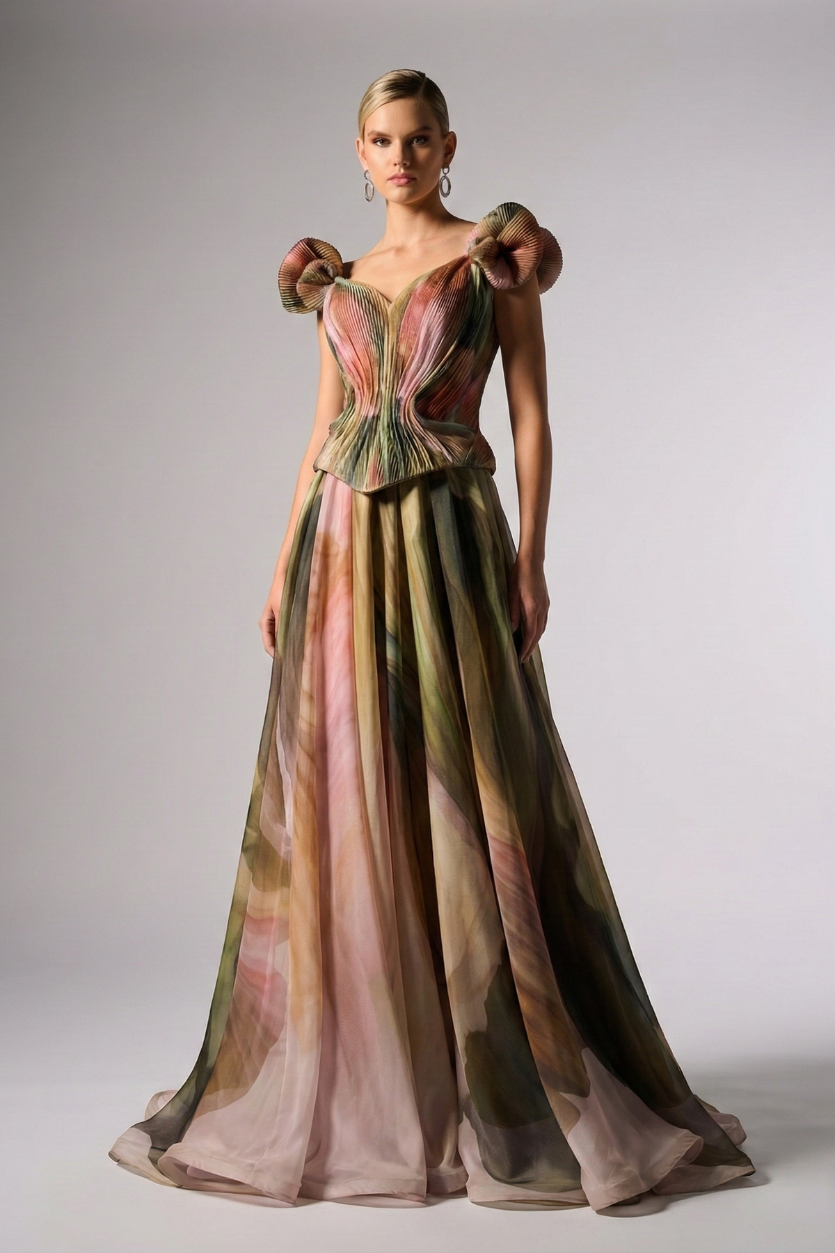 Fouad Sarkis F02981 Pastel Flower-Printed Chiffon Gown with Watercolor Effect