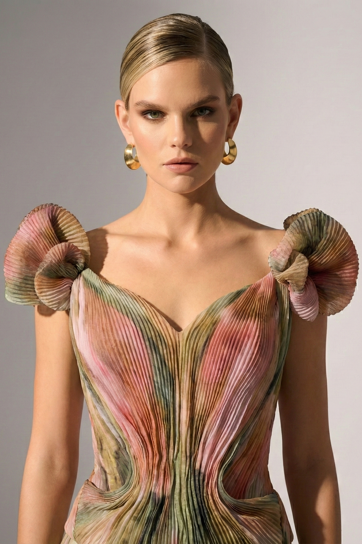Fouad Sarkis F02981 Pastel Flower-Printed Chiffon Gown with Watercolor Effect