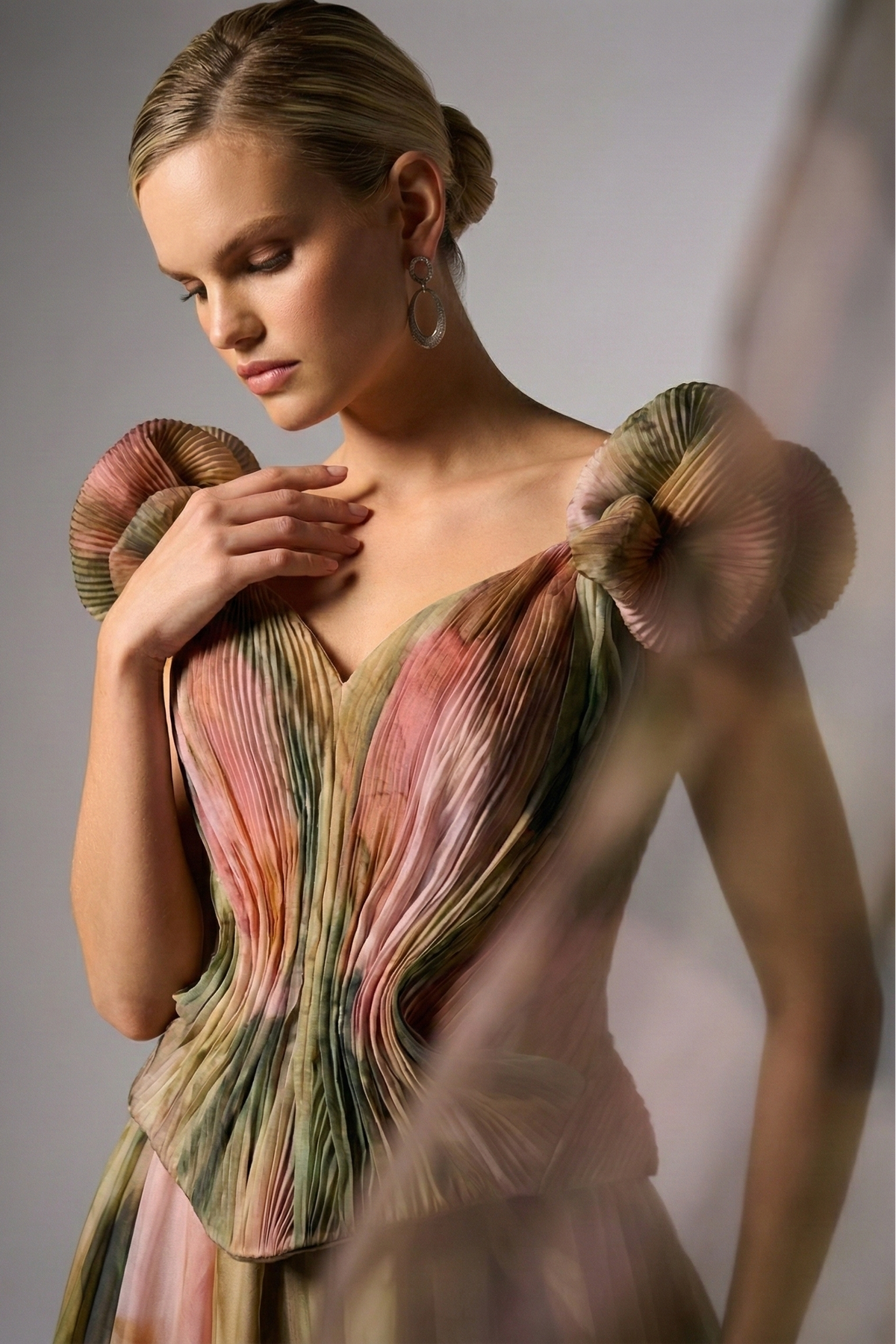 Fouad Sarkis F02981 Pastel Flower-Printed Chiffon Gown with Watercolor Effect