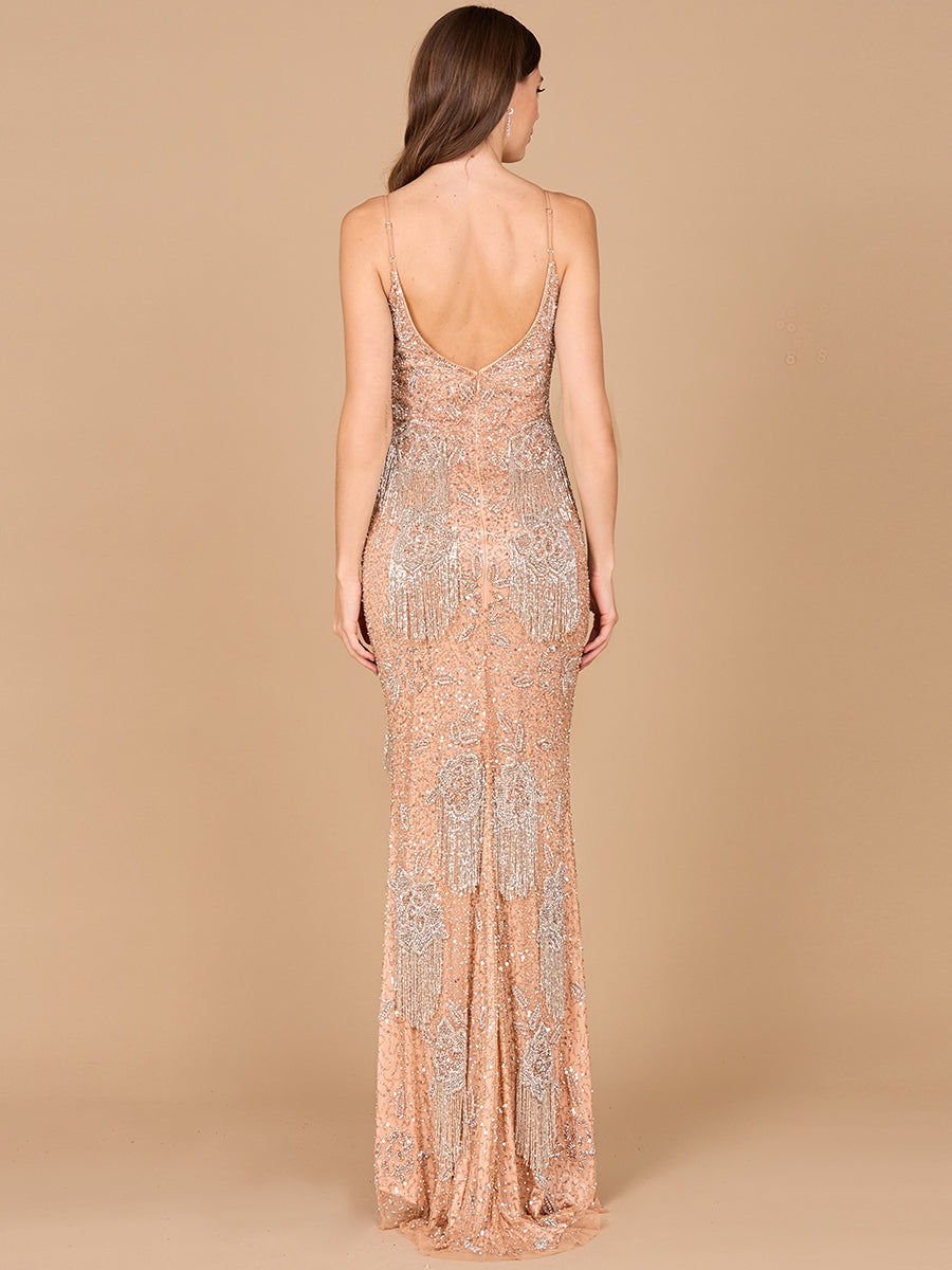 Lara Danika Floral Beaded Sheath Beaded Dress with Beaded Fringe 29892