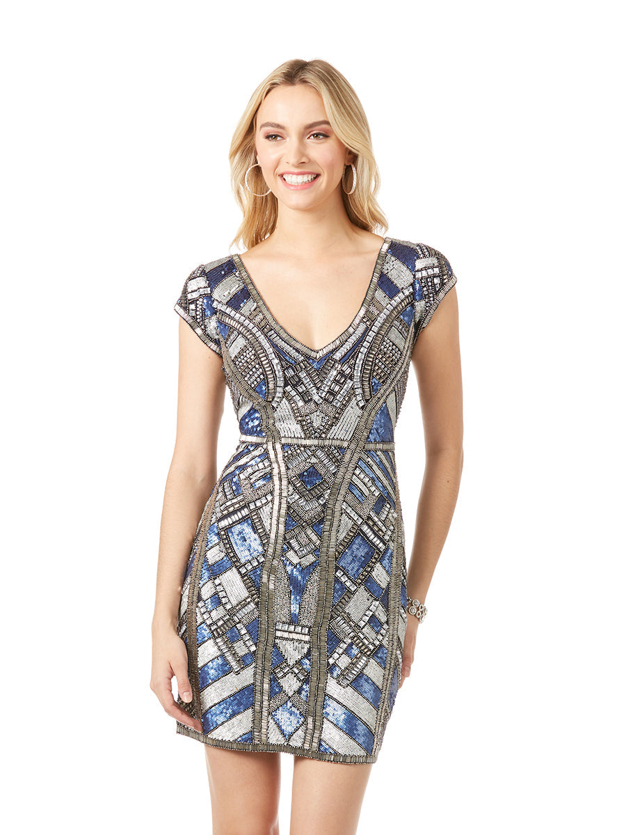 Lara 29909 - Beaded, V-neck Mini Dress