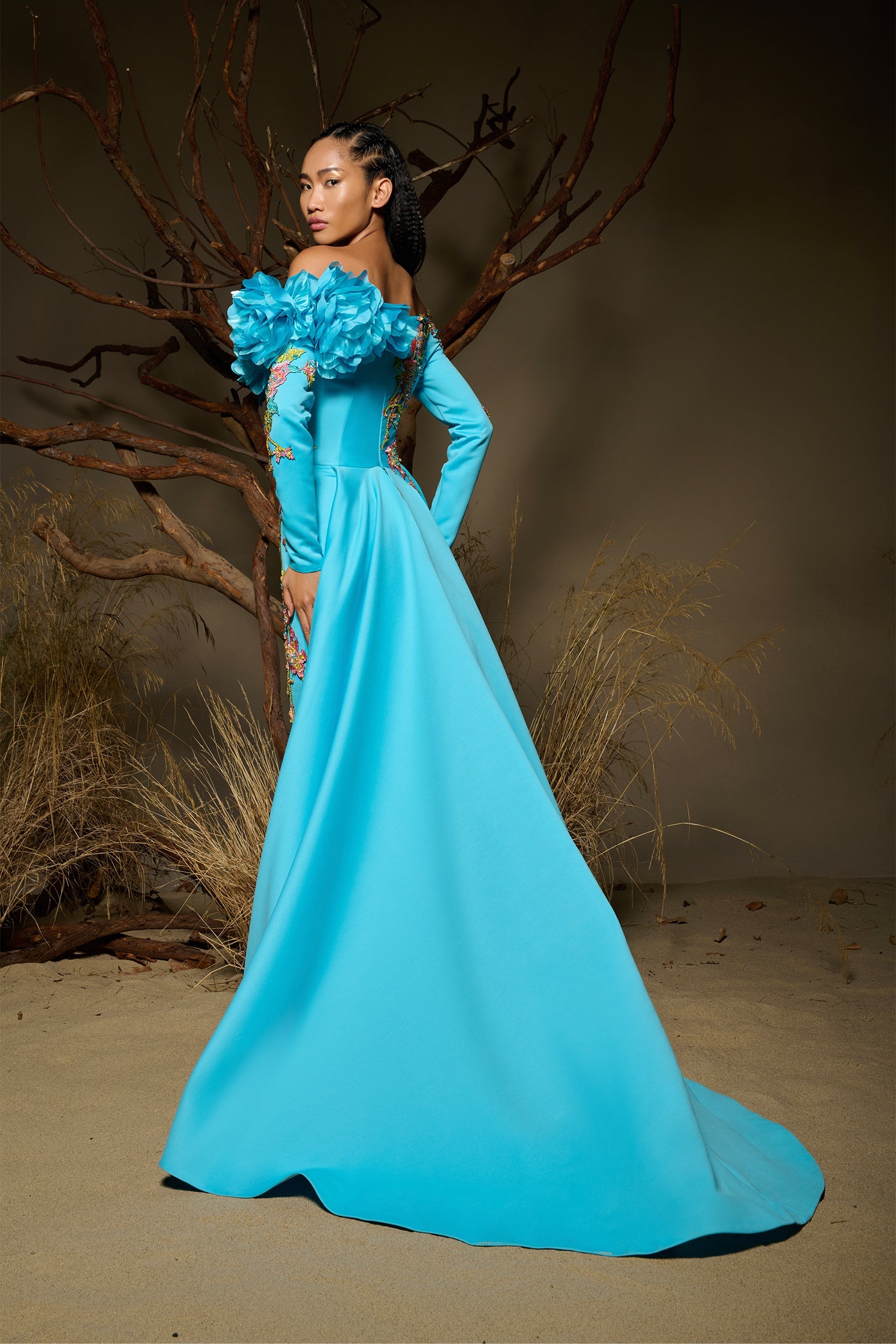 Fouad Sarkis F02992 Turquoise Floral Evening Gown