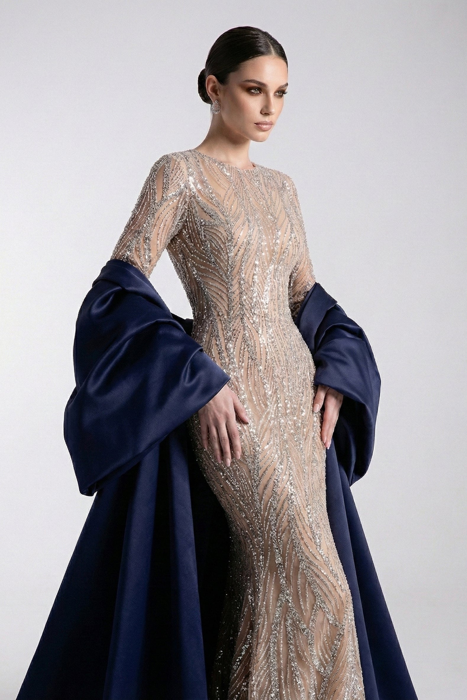 Fouad Sarkis F03004 Navy Blue Satin Embellished Gown