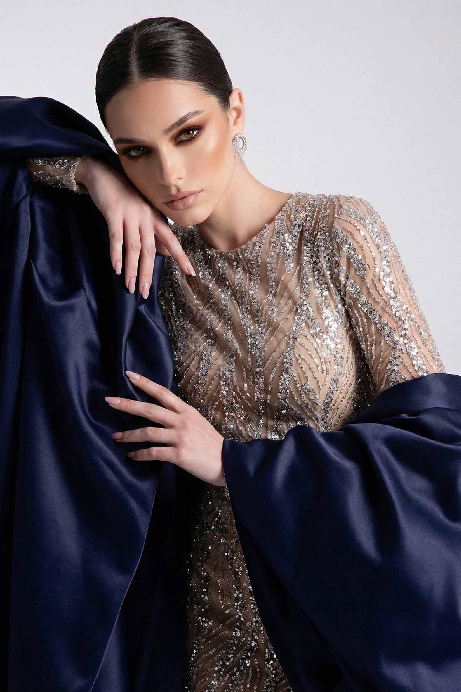 Fouad Sarkis F03004 Navy Blue Satin Embellished Gown