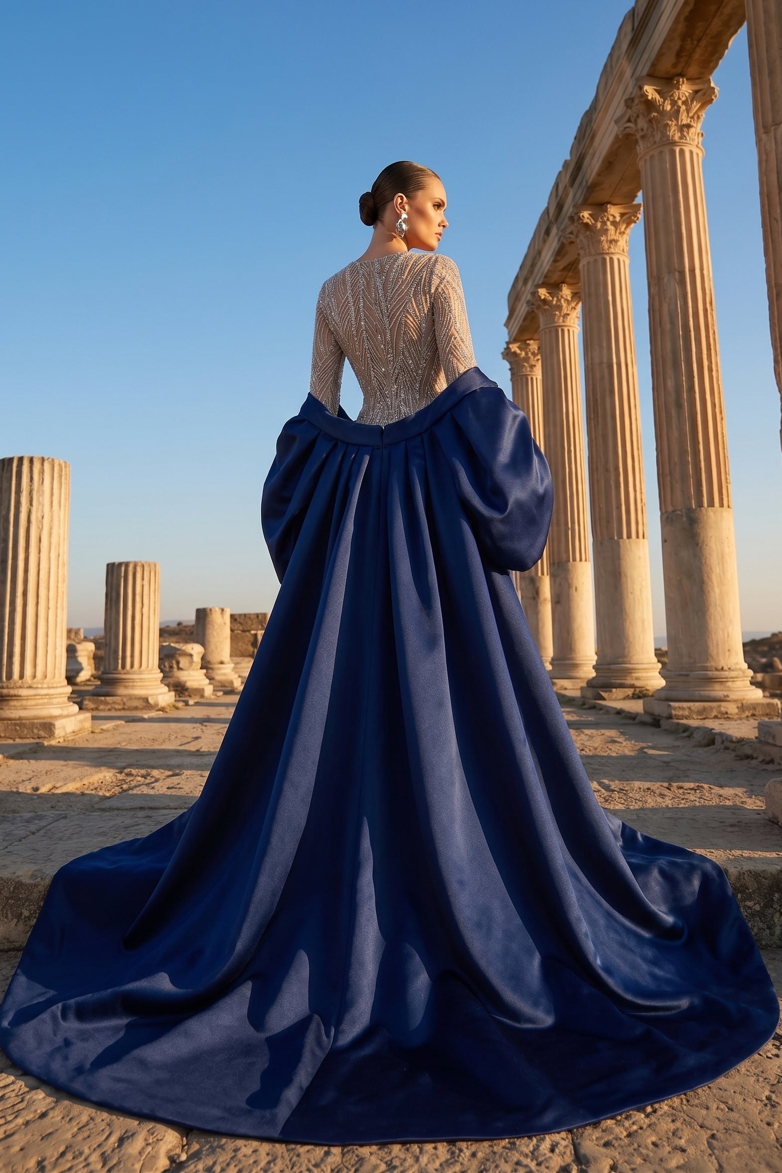 Fouad Sarkis F03004 Navy Blue Satin Embellished Gown