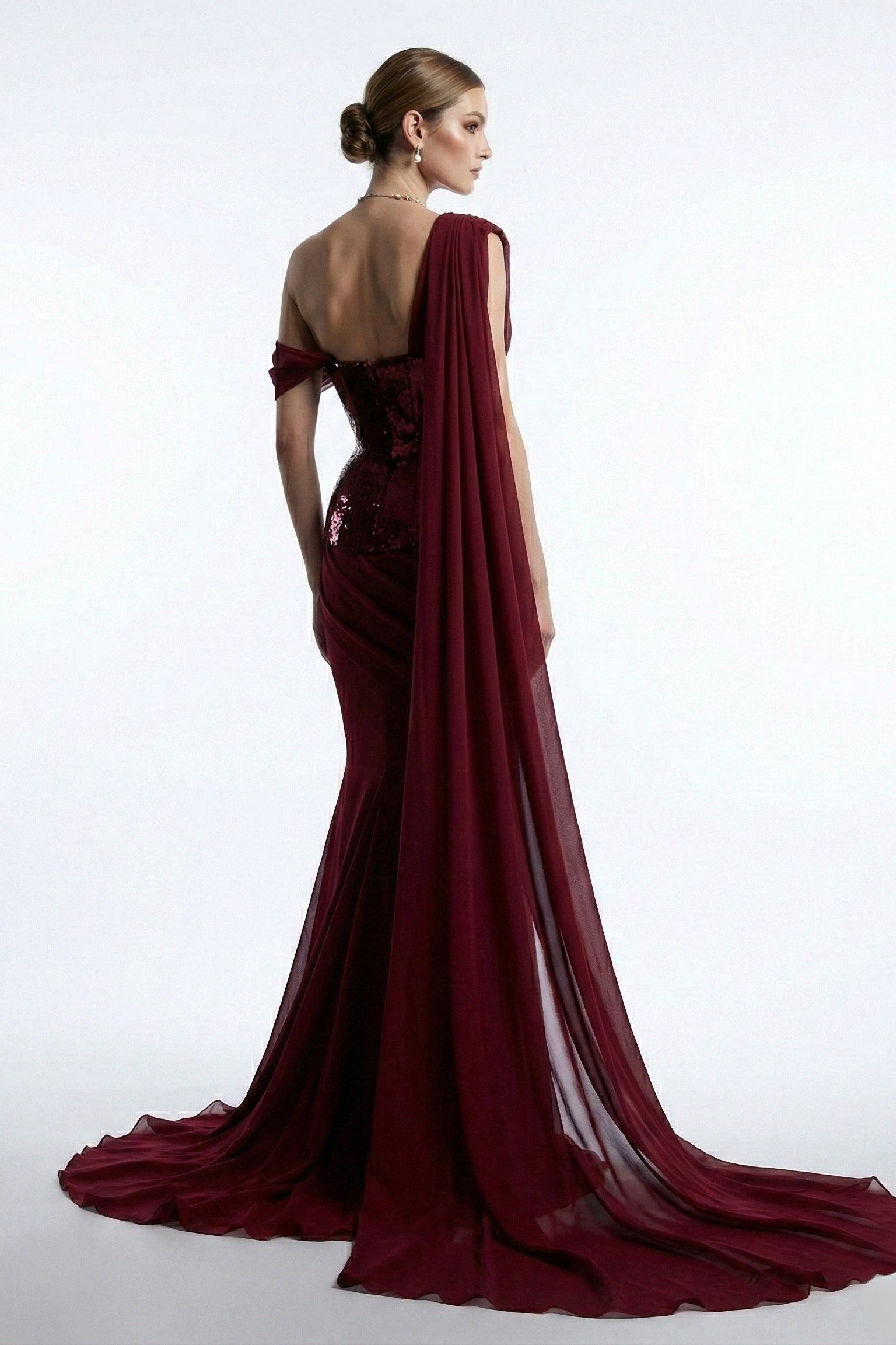 Fouad Sarkis F03017 Burgundy Sequin One-Shoulder Cape Gown
