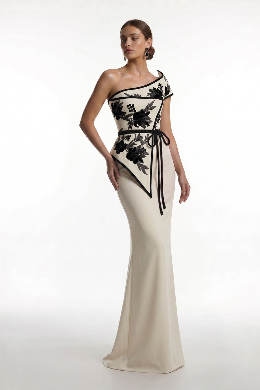 Fouad Sarkis F03023 One-Shoulder Floral Overskirt Gown