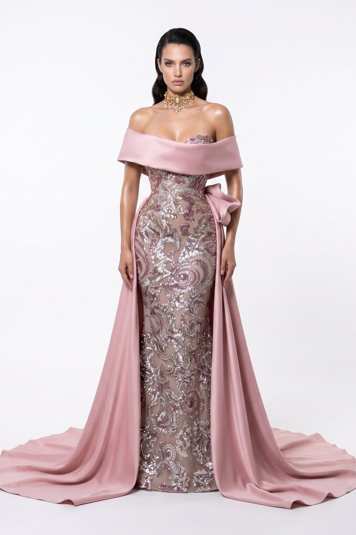 Fouad Sarkis F03024 Olive Off-Shoulder Hand-Embroidered Gown with Dramatic Overskirt
