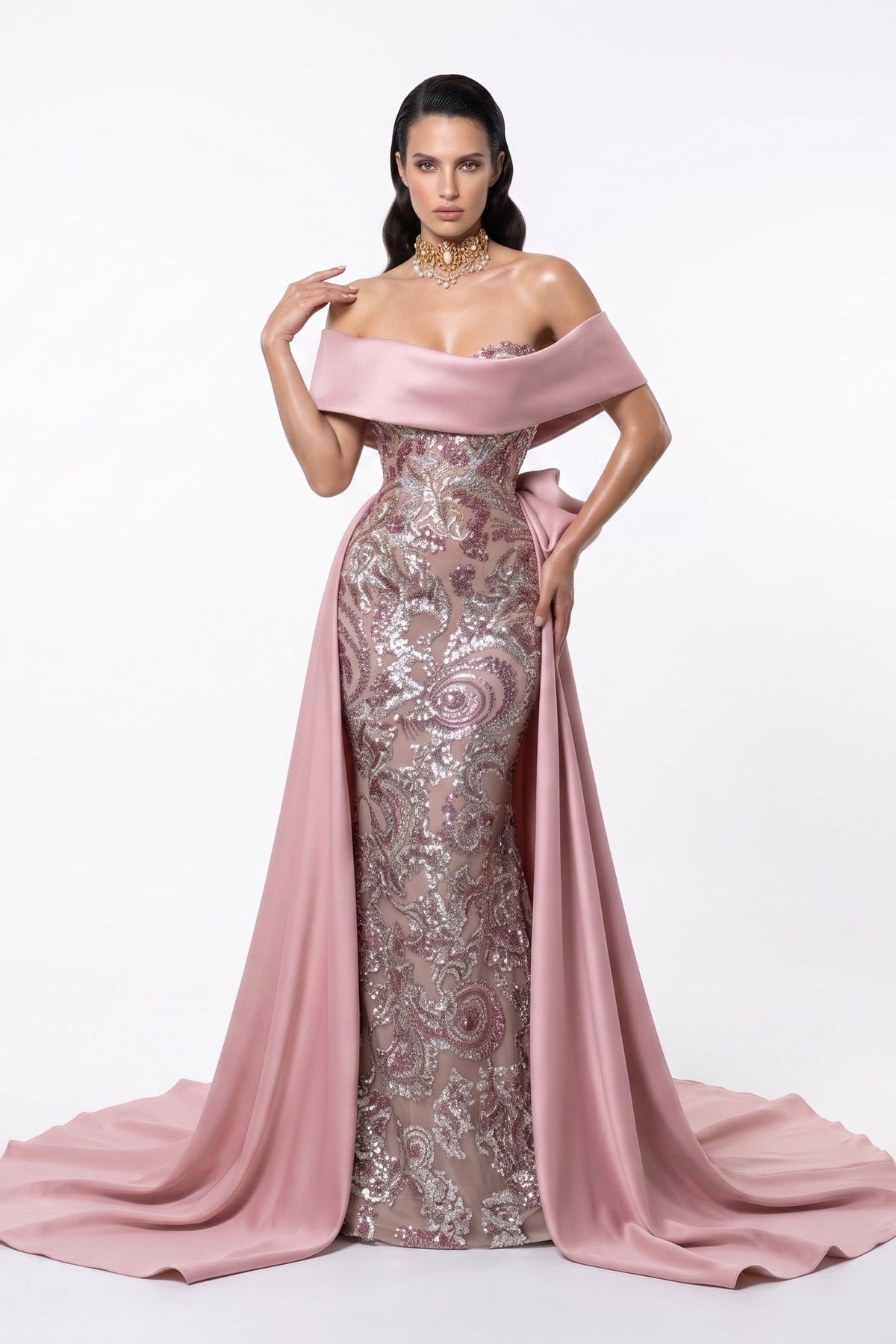Fouad Sarkis F03024 Olive Off-Shoulder Hand-Embroidered Gown with Dramatic Overskirt