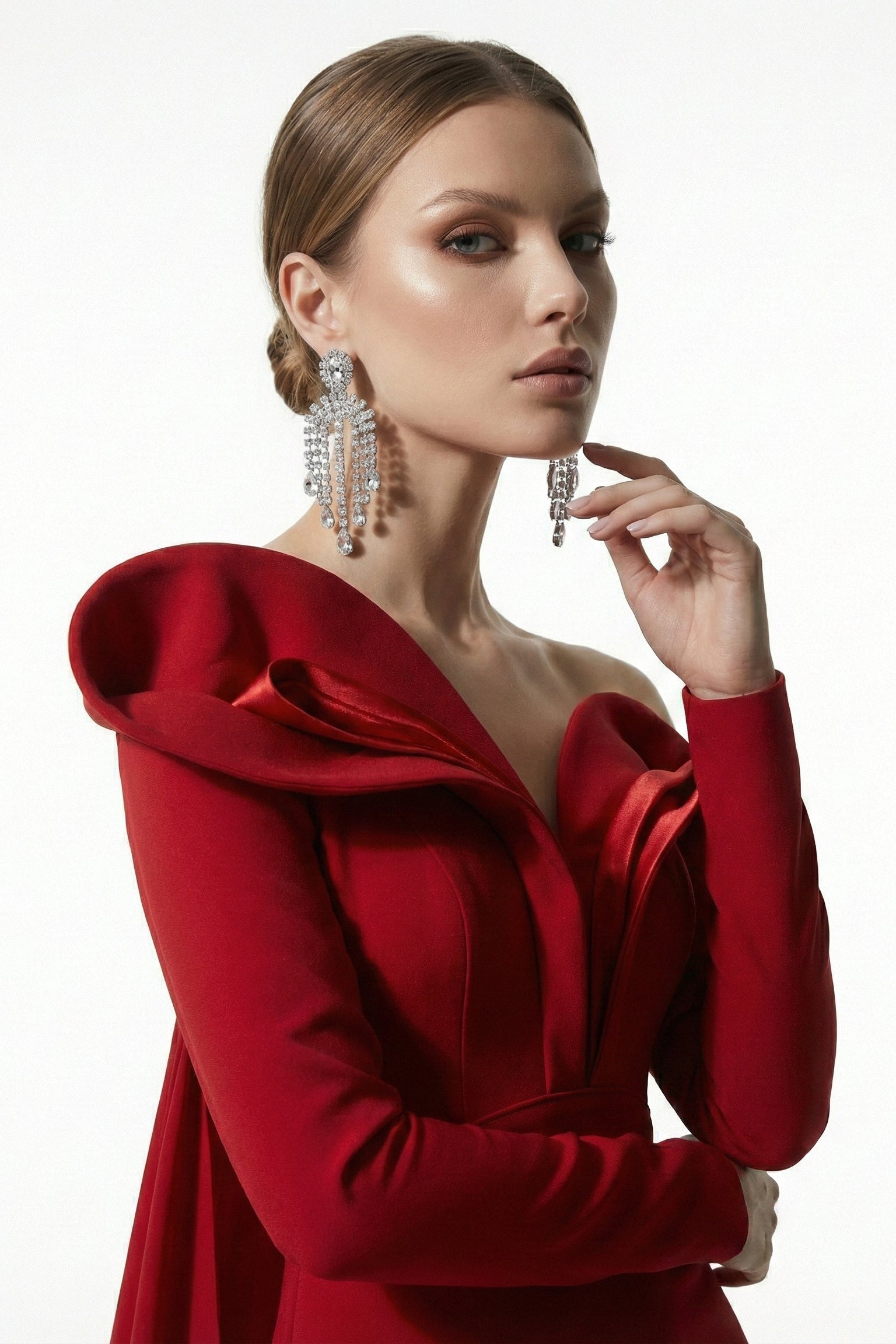 Fouad Sarkis F03026 Red Off-Shoulder Mermaid Cape Gown