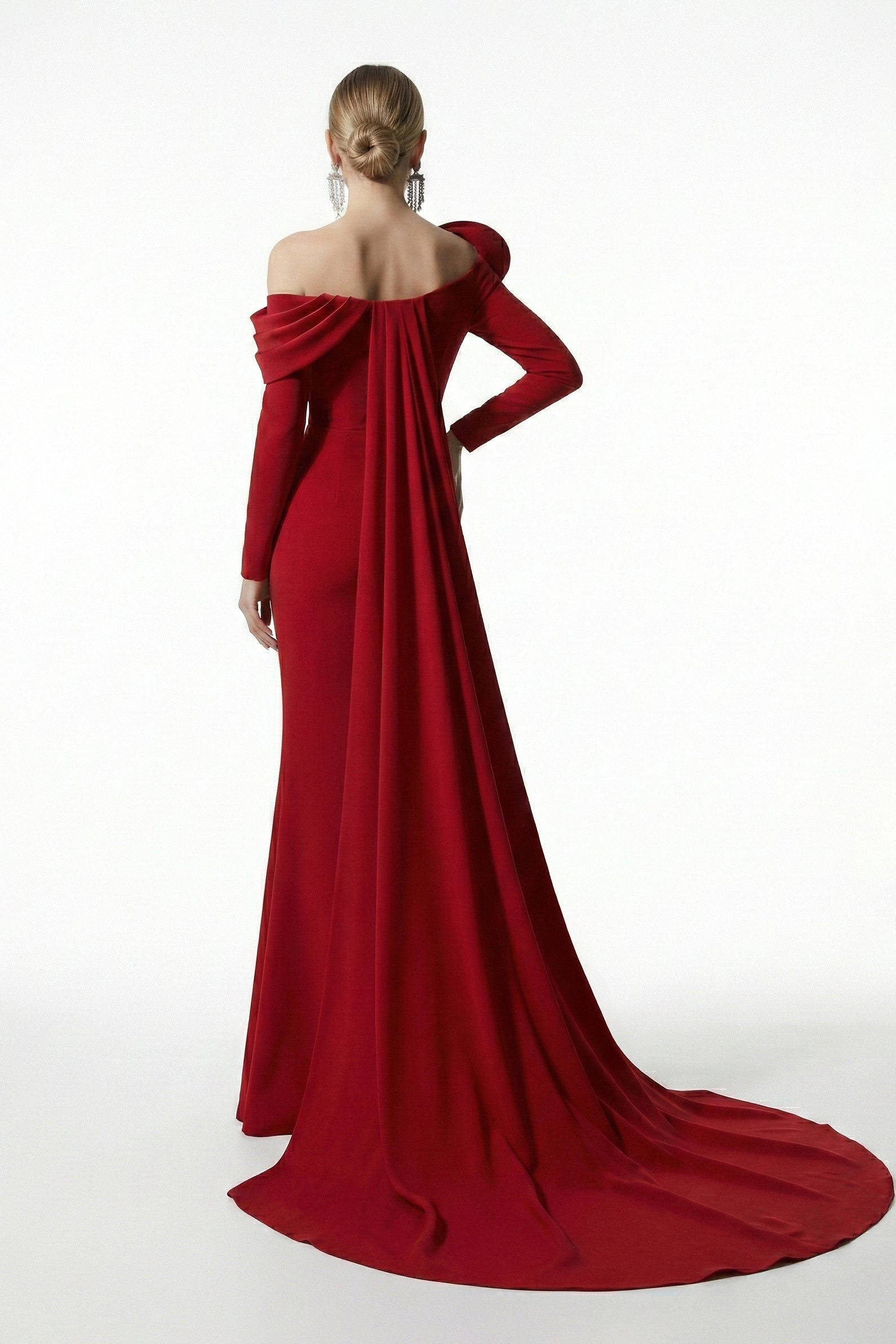 Fouad Sarkis F03026 Red Off-Shoulder Mermaid Cape Gown