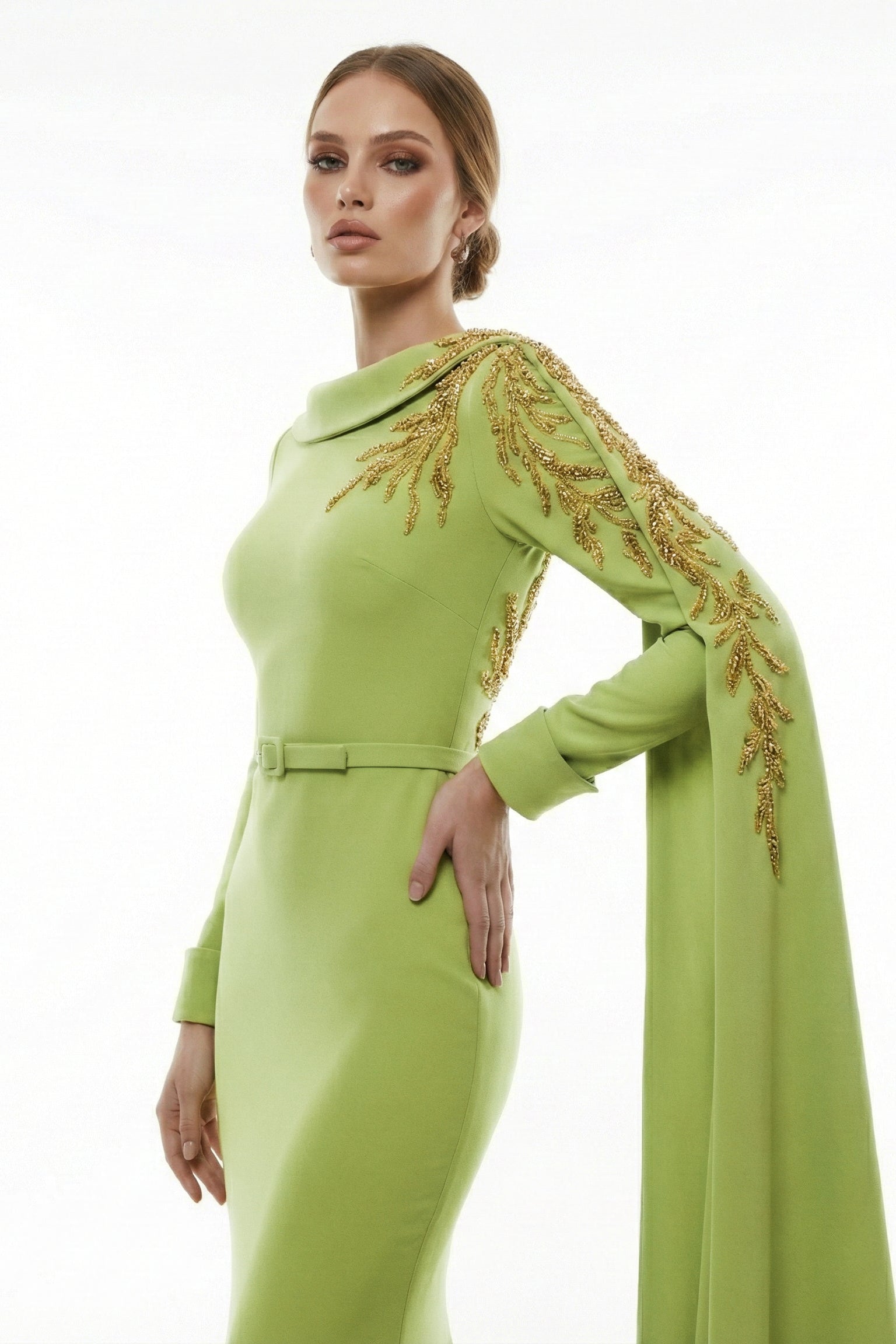 Fouad Sarkis F03027A Green Mermaid Gown Embroidered Cape