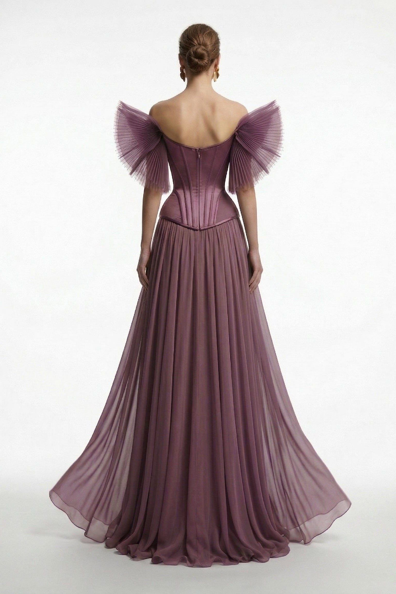 فؤاد سركيس F3040 – فستان سهرة كورسيه من التول بطيات وكتف مكشوف