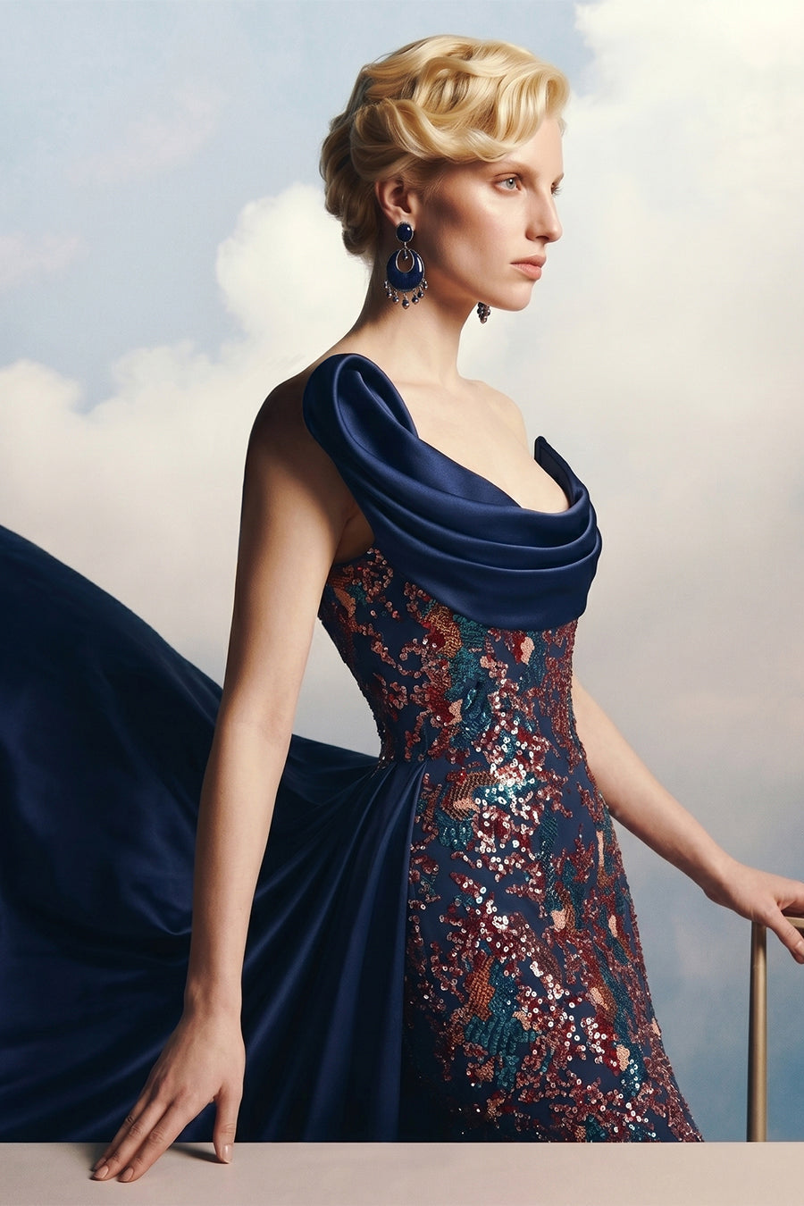 Fouad Sarkis F03044 – Midnight Embellished Mermaid Gown with Detachable Overskirt