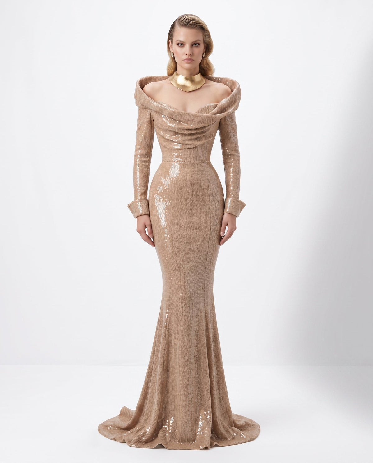 Fouad Sarkis F3045 – Burgundy Sequin Long-Sleeve Mermaid Evening Gown