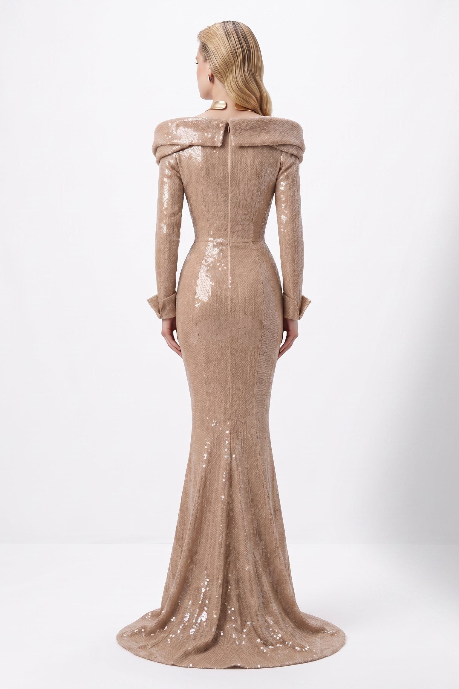 Fouad Sarkis F3045 – Burgundy Sequin Long-Sleeve Mermaid Evening Gown