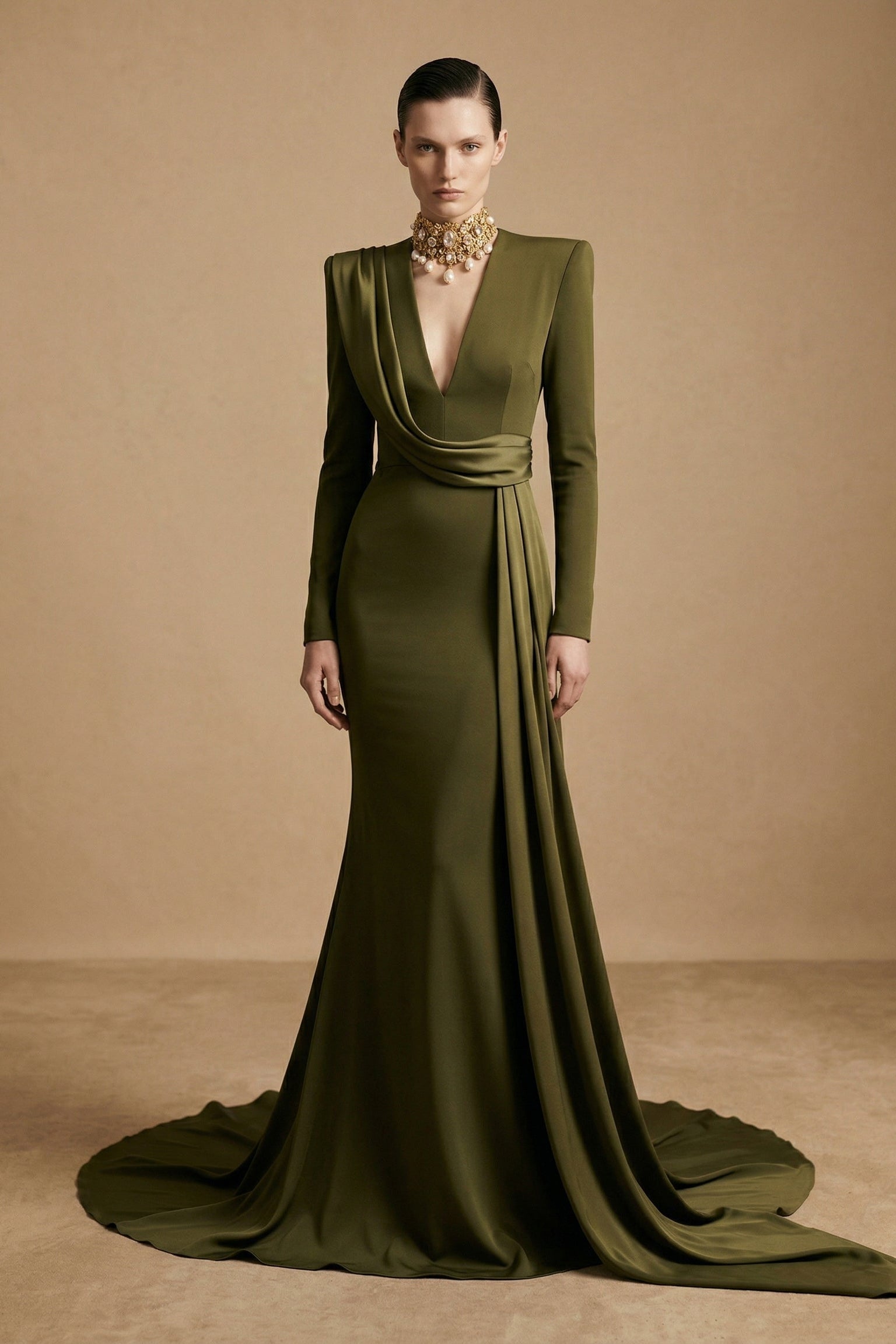 Fouad Sarkis F3046 – Draped Mermaid Evening Gown with Structured Shoulders