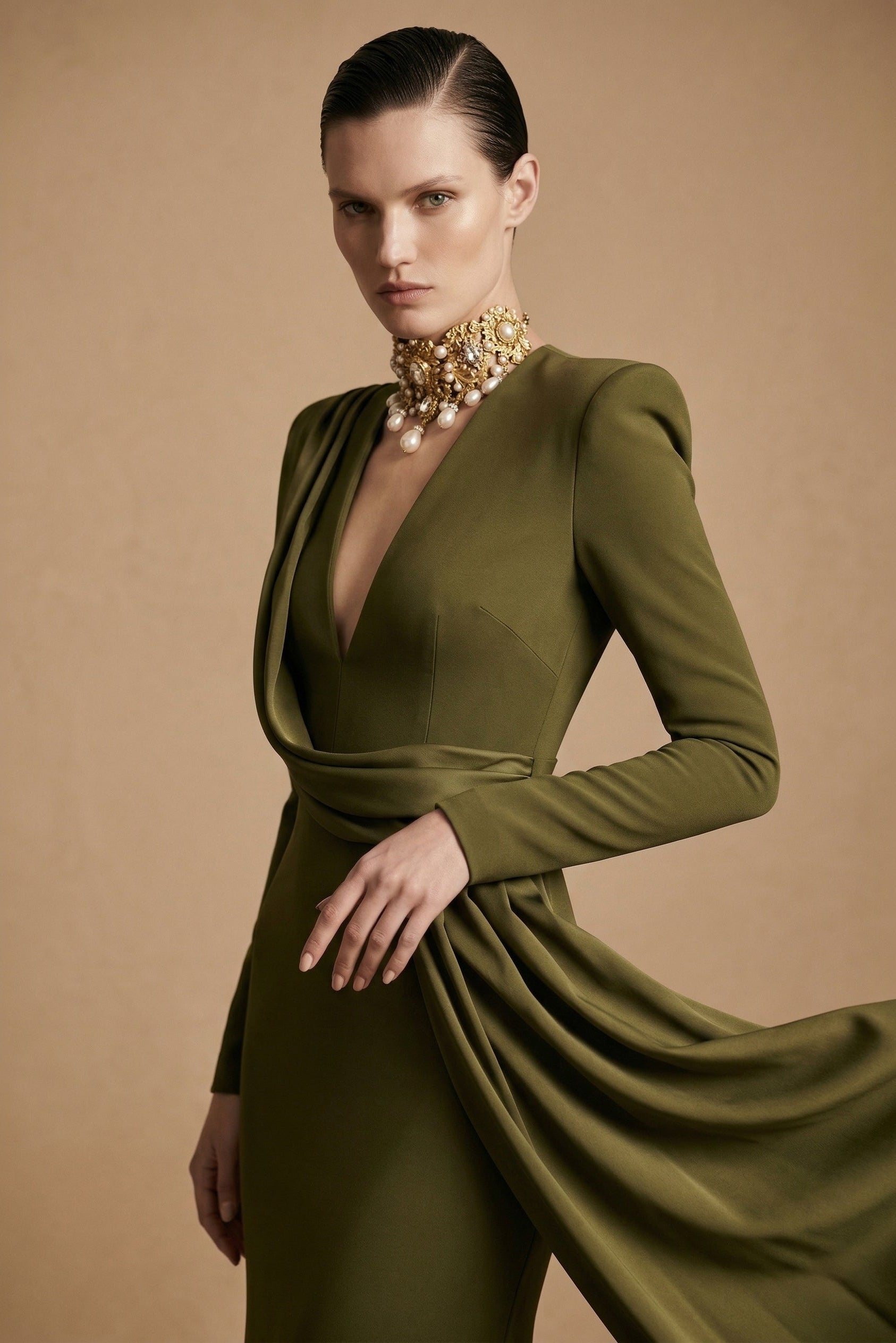 Fouad Sarkis F3046 – Draped Mermaid Evening Gown with Structured Shoulders