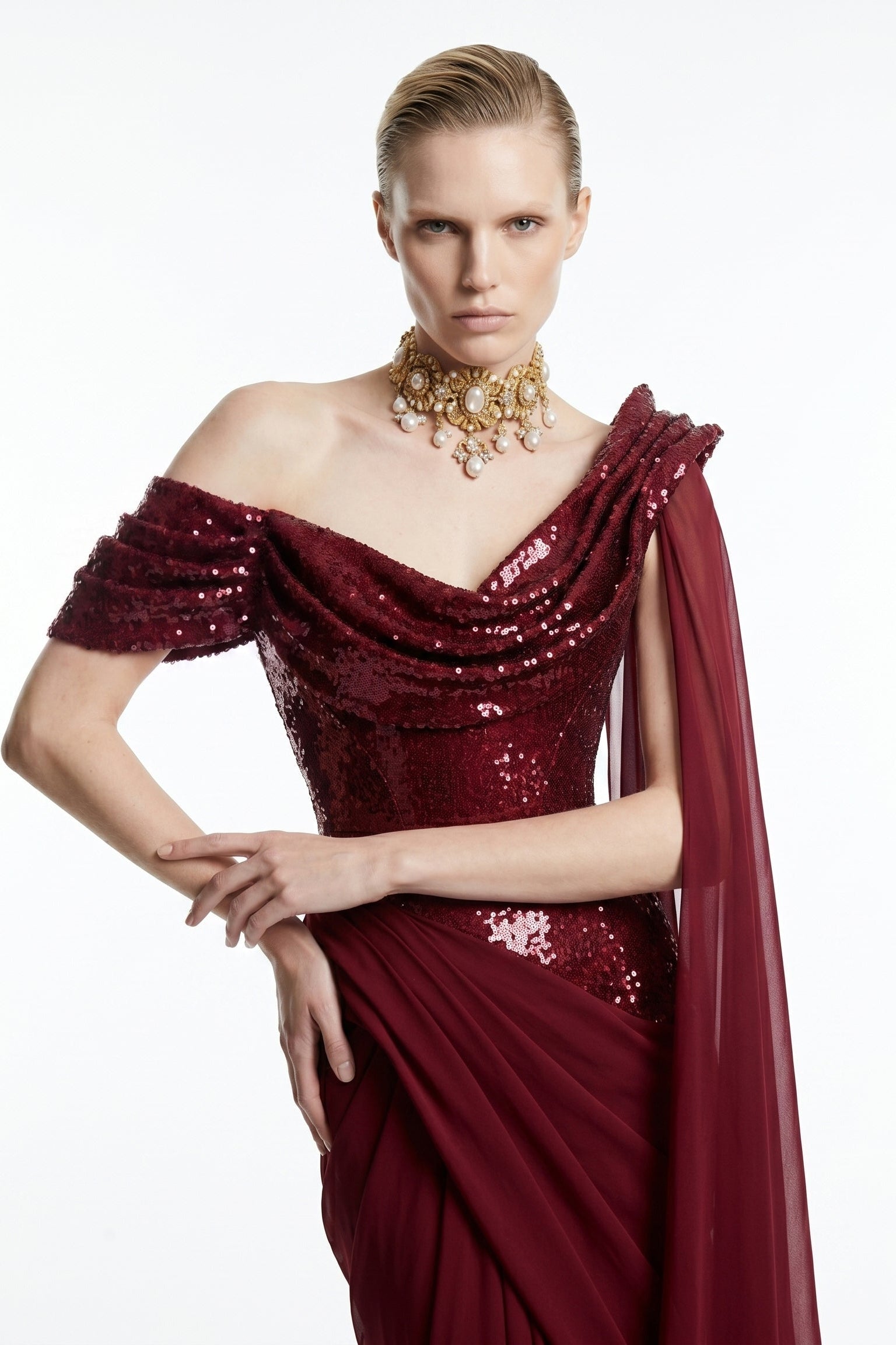 فؤاد سركيس F3048 – فستان سهرة عنابي بكتف واحد مزين بالترتر وشيفون مطوي