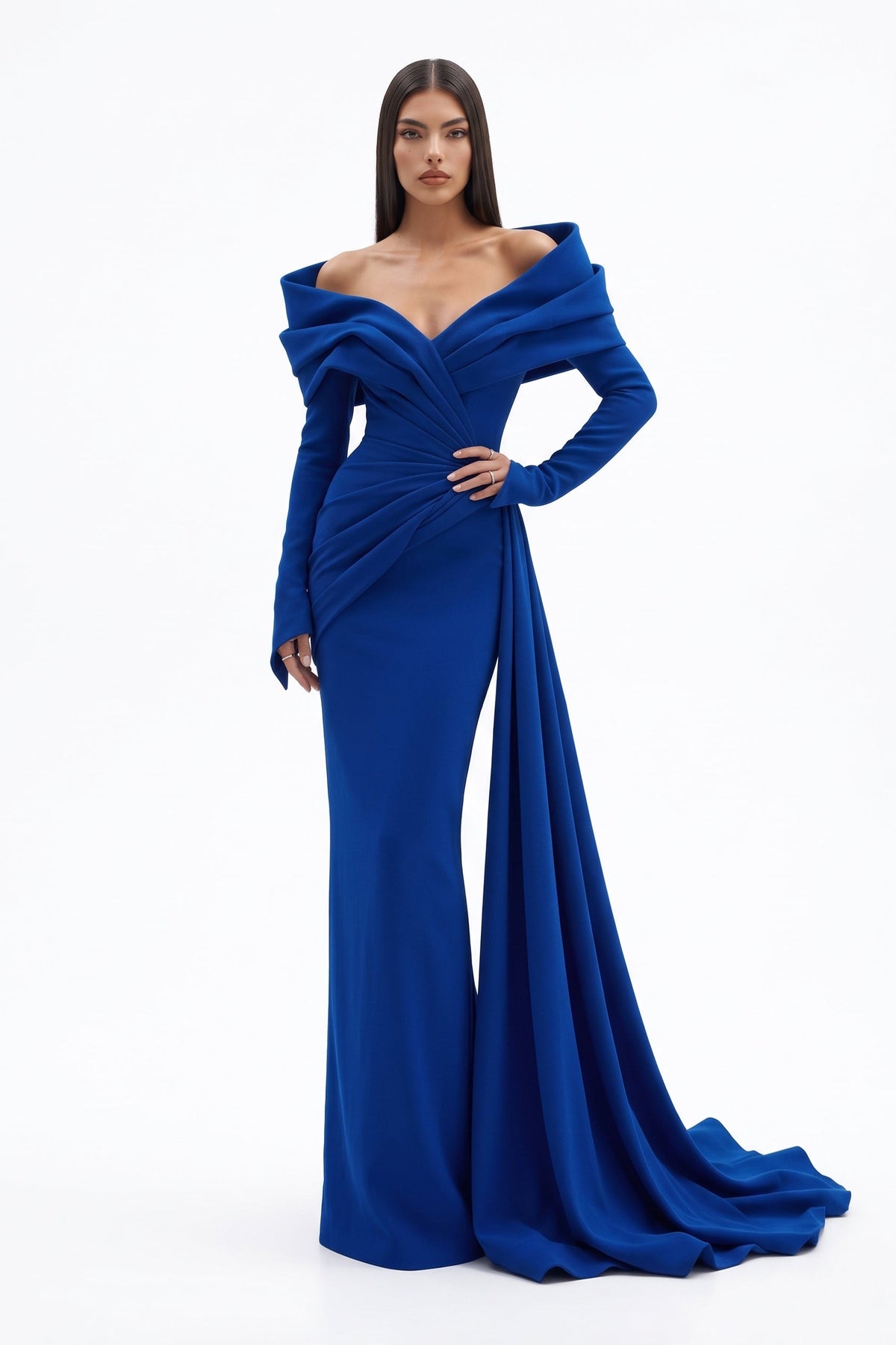 Fouad Sarkis F03049 – Crimson Off-Shoulder Draped Long-Sleeve Evening Gown