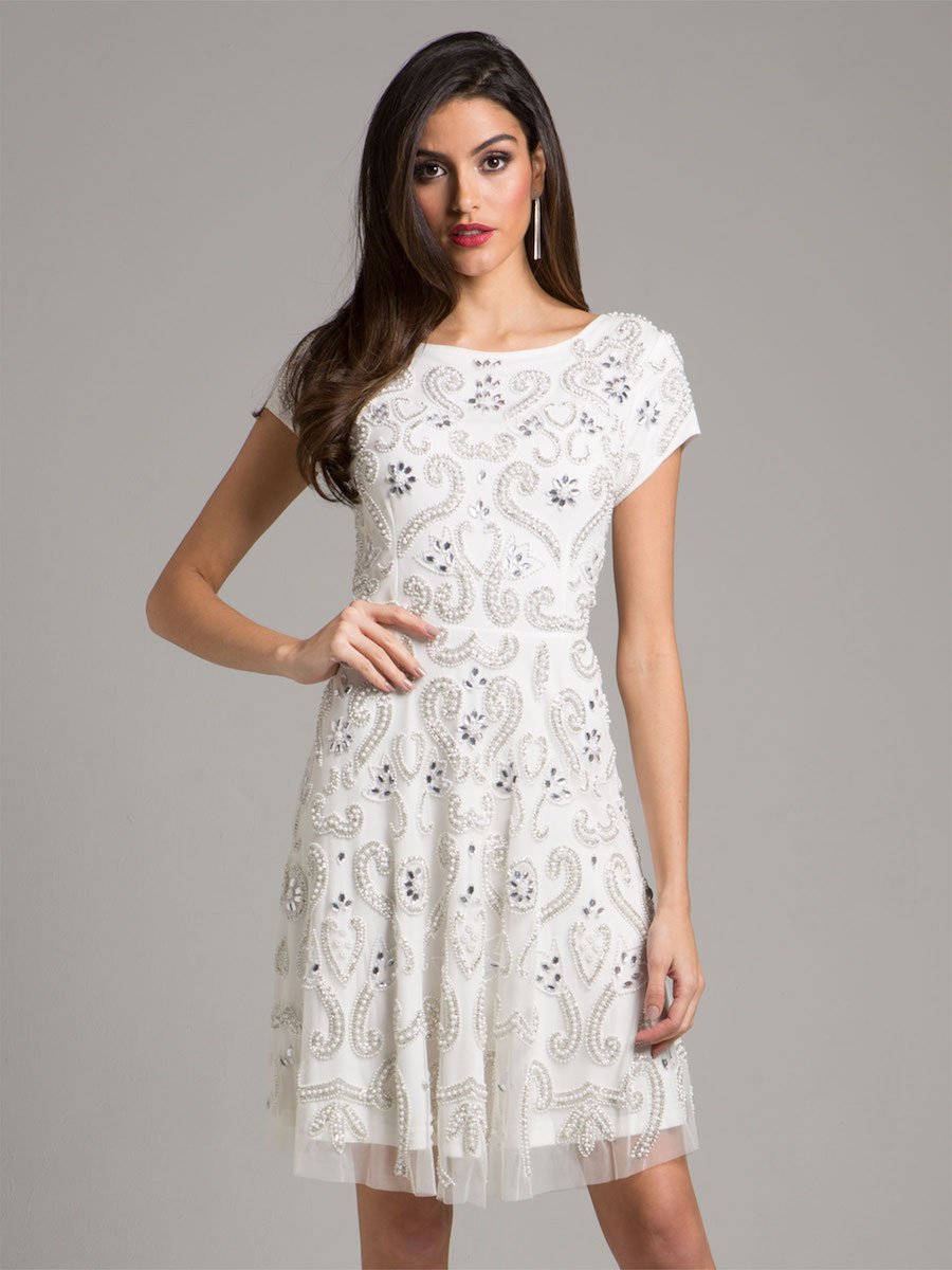 Lara Allison Short Sleeve Beaded Cocktail Dress in Ivory 33404