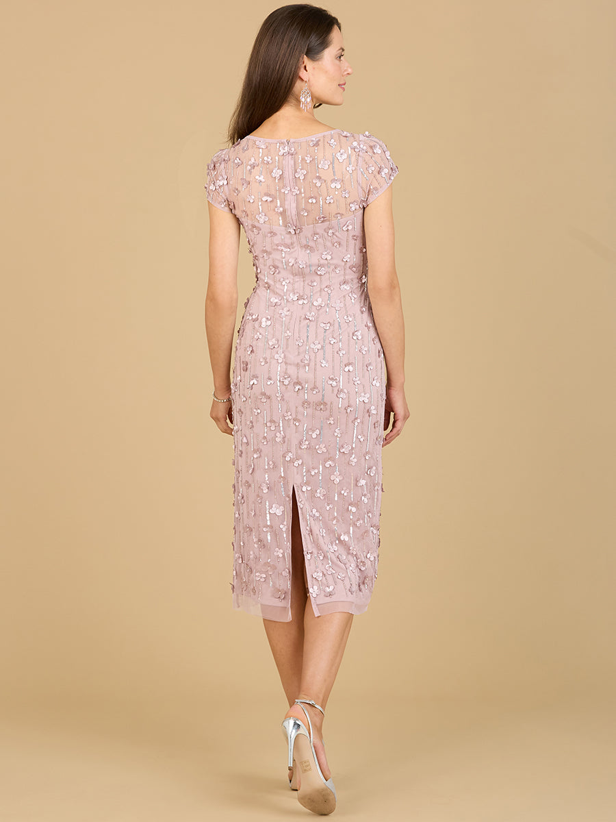 3D Applique Midi Dress with Cap Sleeves 29186