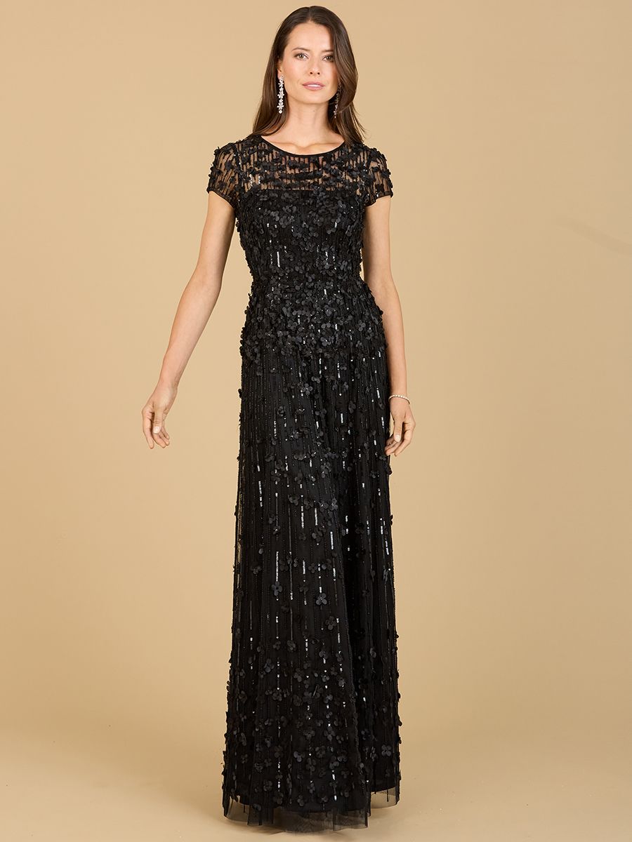 3D Floral Embellished Cap Sleeve Gown 29181
