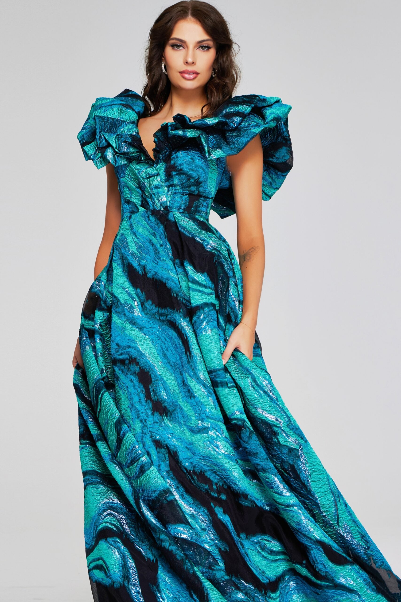 Vibrant Teal Multi-Print Gown with Ruffled V-Neckline 40696