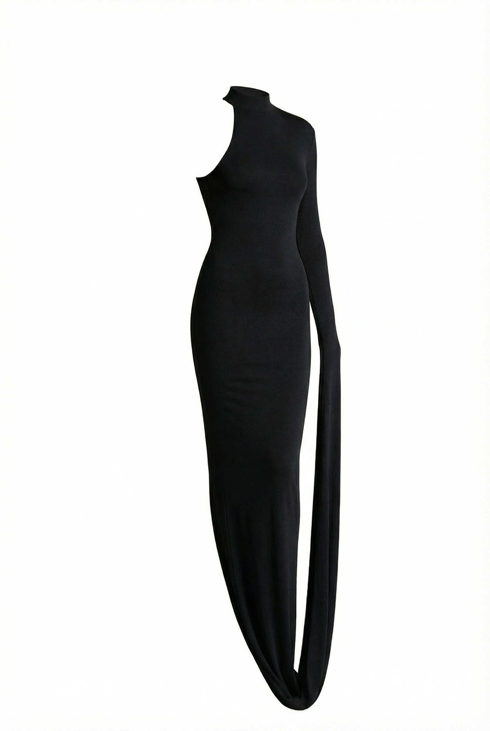 Asymmetric One-Sleeve Jersey Maxi Gown – Black