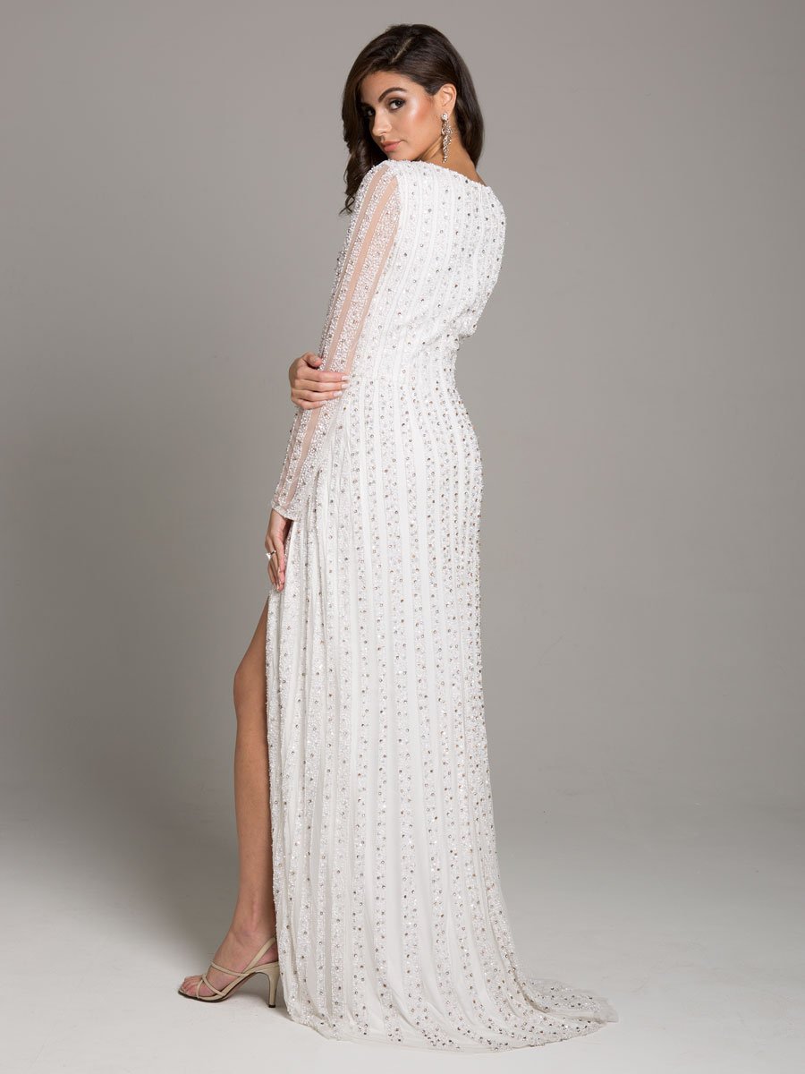 Lara Blair Long-Sleeve Beaded Surplice Sheath Gown 51007