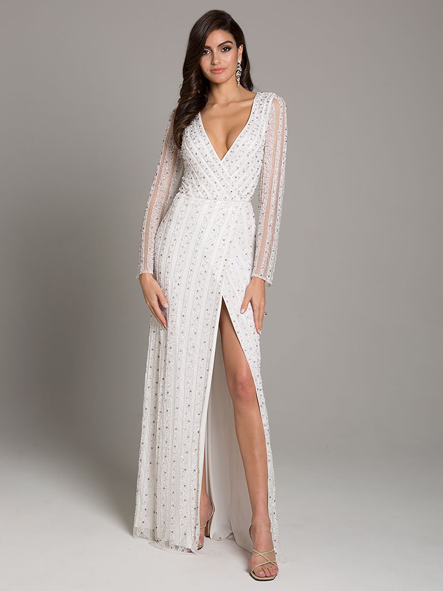 long sleeve beaded sheath dress Lara Blair Long-Sleeve Beaded Surplice Sheath Gown 51007