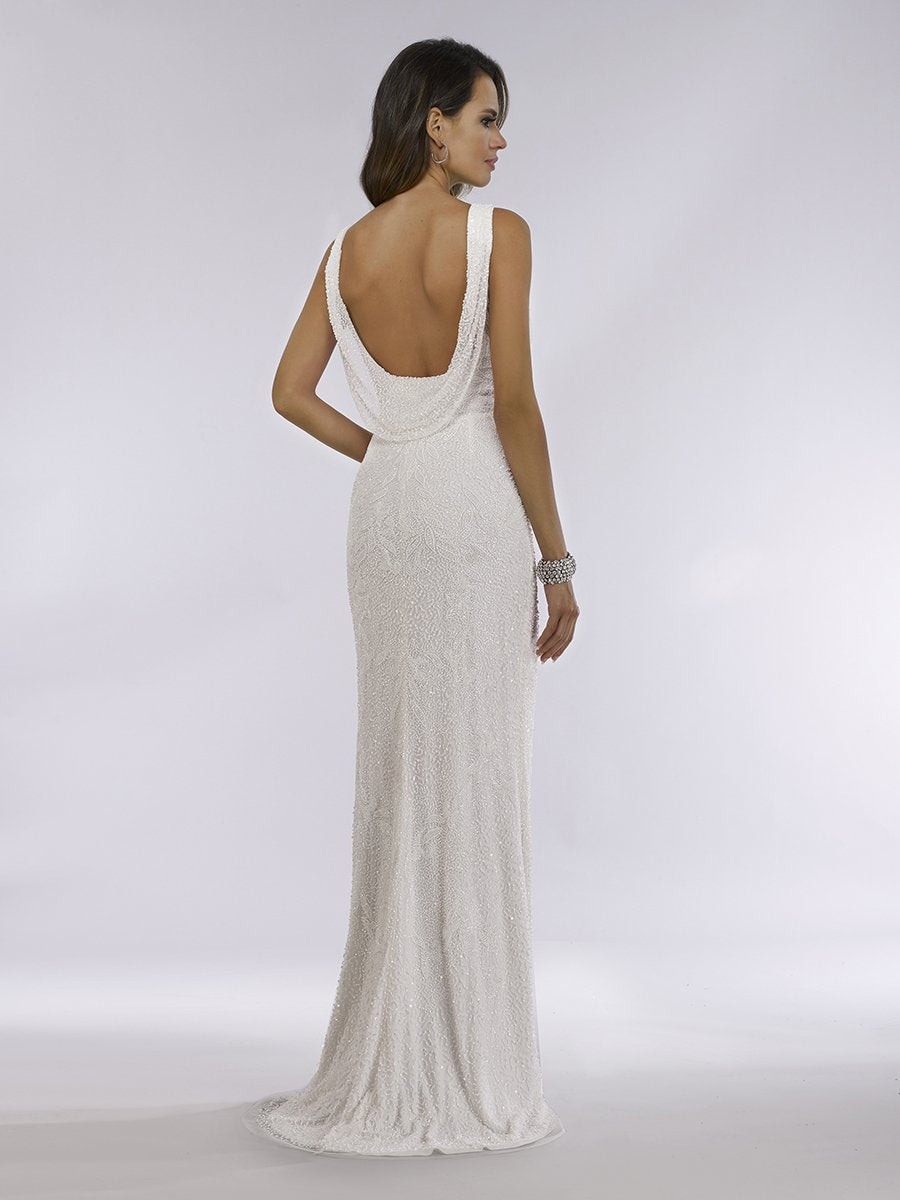 Lara Erika Beaded Draped Cowl Back V-Neck Wedding Dress 51049