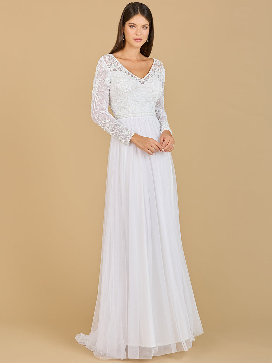 Long Sleeve Bridal Gown with Flowy Skirt 51067 2 / Ivory Long Sleeve Bridal Gown with Flowy Skirt 51067 2 / Ivory