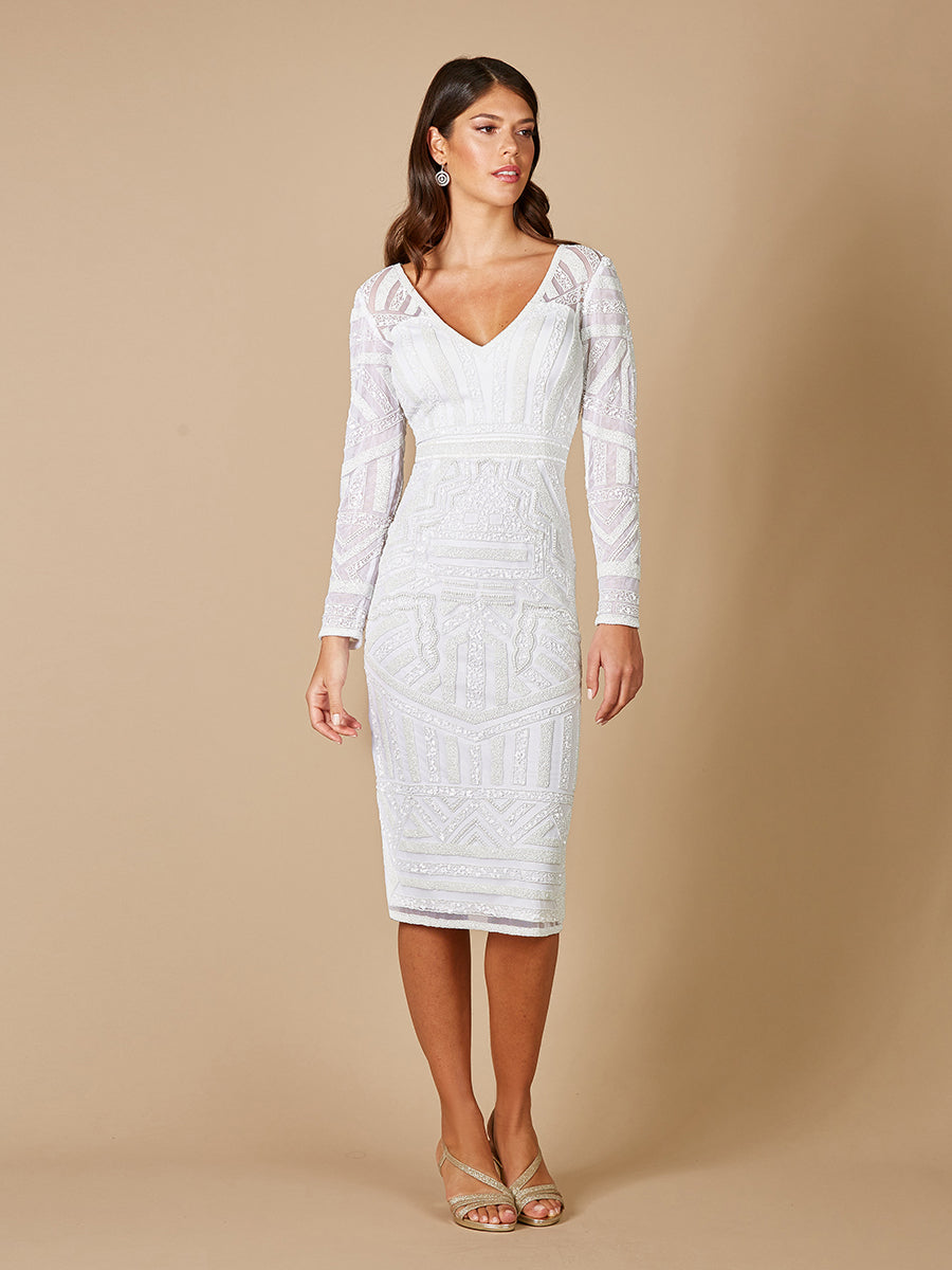 Lara Gloria Long Sleeve Beaded Midi Dress 51076 Lara Gloria Long Sleeve Beaded Midi Dress 51076