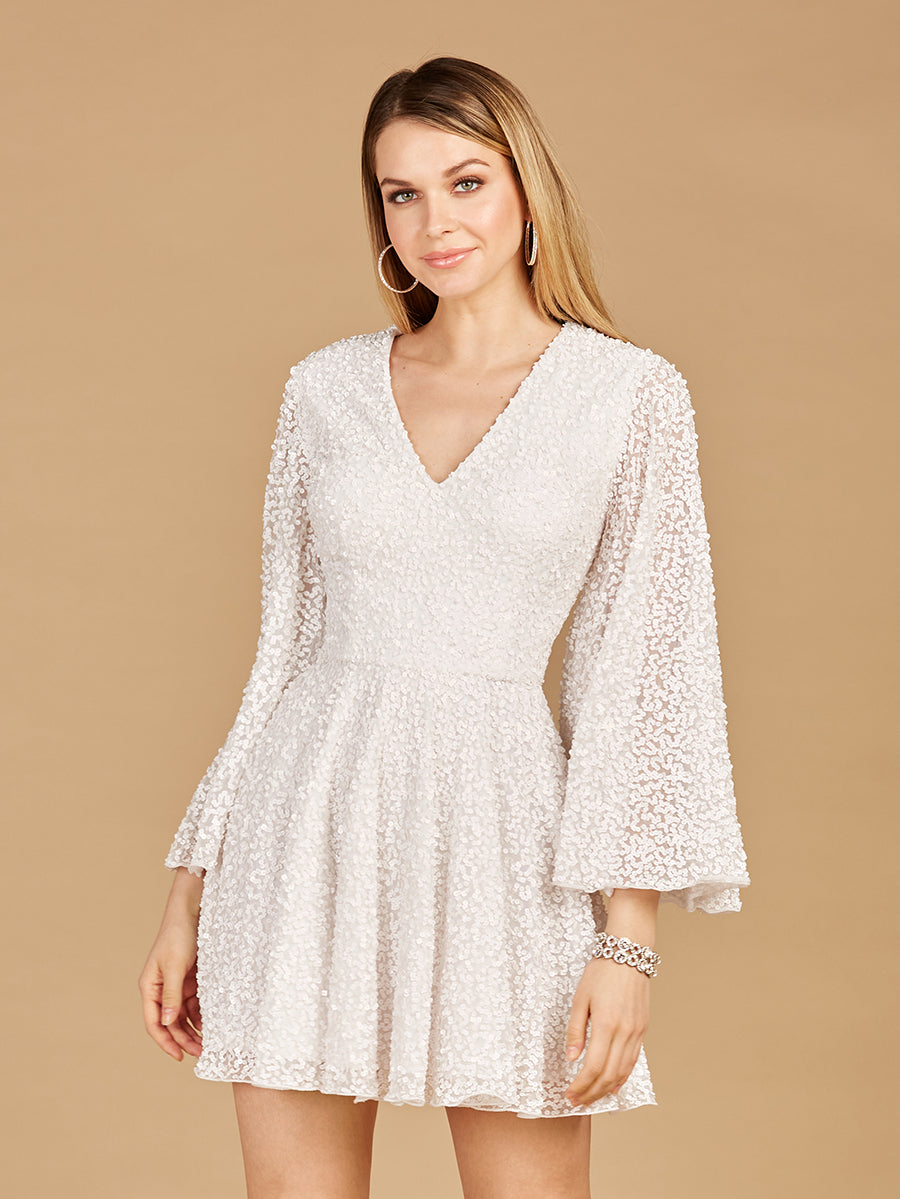 Long Bell Sleeve Sequin Bridal Cocktail Dress 51121 Long Bell Sleeve Sequin Bridal Cocktail Dress 51121